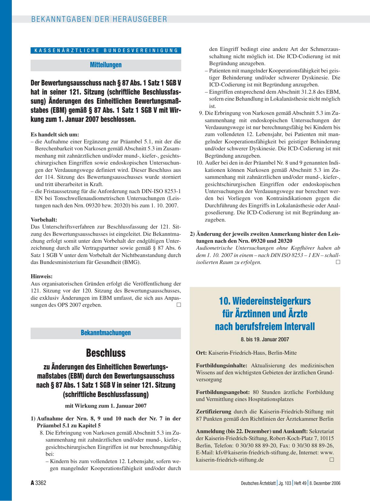 Vorschauseite 1: Bekanntmachungen: Beschluss zu Änderungen des Einheitlichen Bewertungsmaßstabes (EBM) durch den Bewertungsausschuss nach § 87 Abs. 1 Satz 1 SGB V in seiner 121. Sitzung (schriftli…