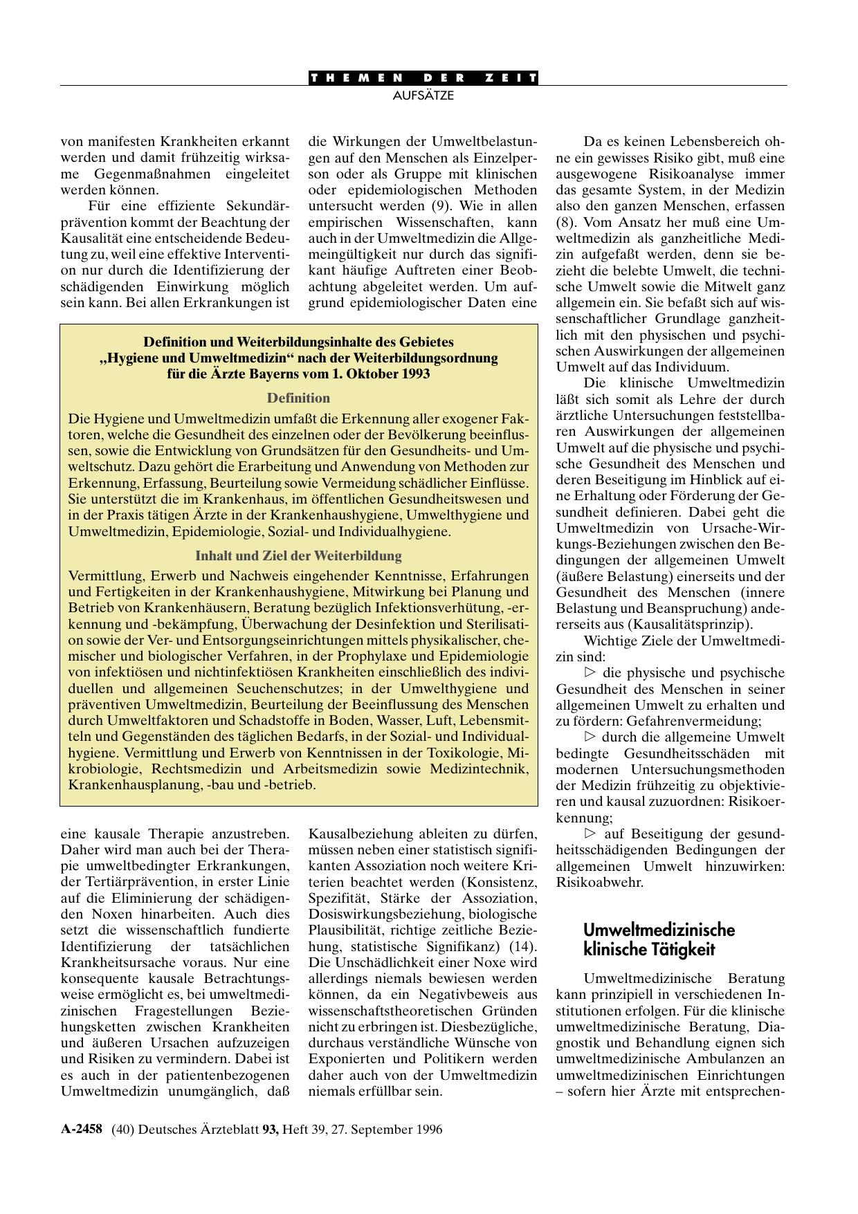 Vorschauseite 1: Definition und Weiterbildungsinhalte des Gebietes: „Hygiene und Umweltmedizin“ nach der Weiterbildungsordnung für die Ärzte Bayerns vom 1. Oktober 1993