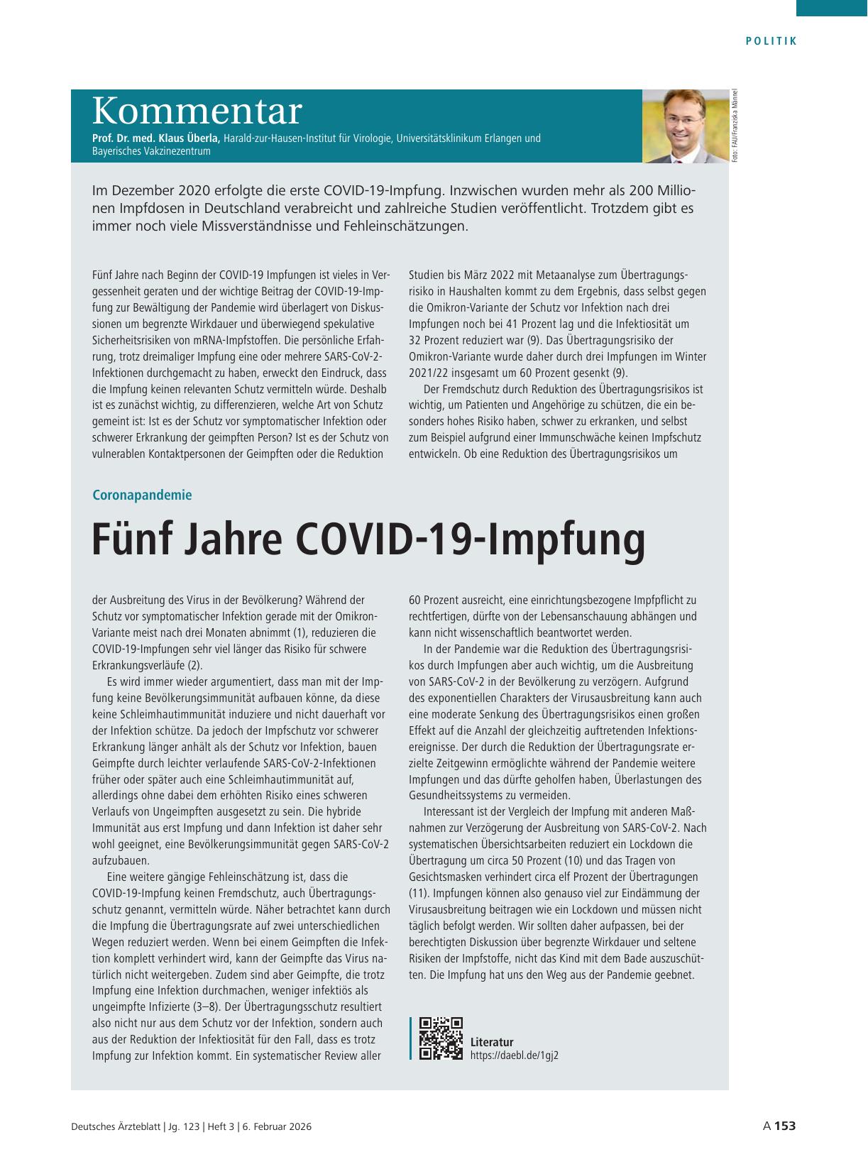 Vorschauseite 1: Kommentar von Prof. Dr. med. Klaus Überla: Coronapandemie — Fünf Jahre COVID-19-Impfung
