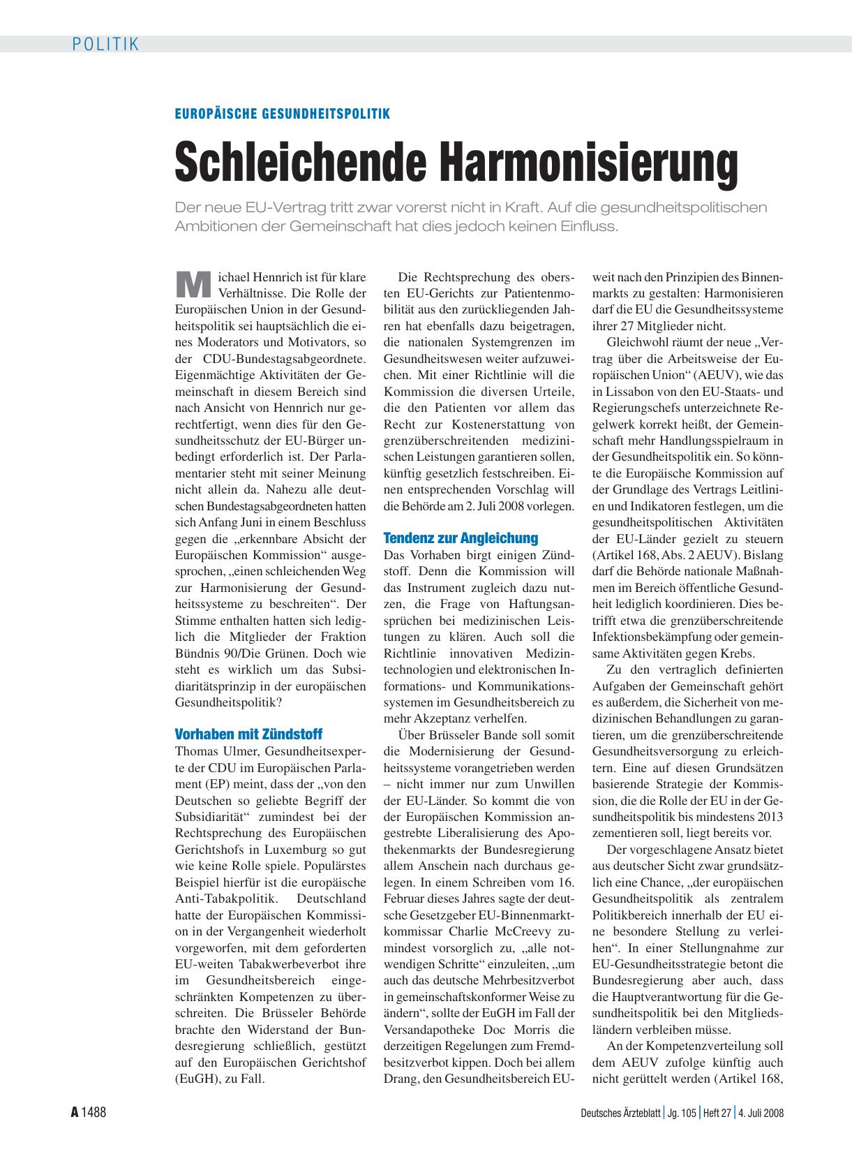 Vorschauseite 1: Europäische Gesundheitspolitik: Schleichende Harmonisierung