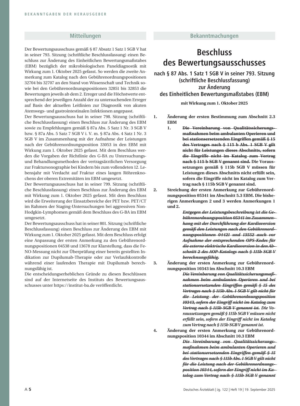 Vorschauseite 1: Beschluss des Bewertungsausschusses nach § 87 Abs. 1 Satz 1 SGB V in seiner 793. Sitzung (schriftliche Beschlussfassung) zur Änderung des Einheitlichen Bewertungsmaßstabes (EBM)