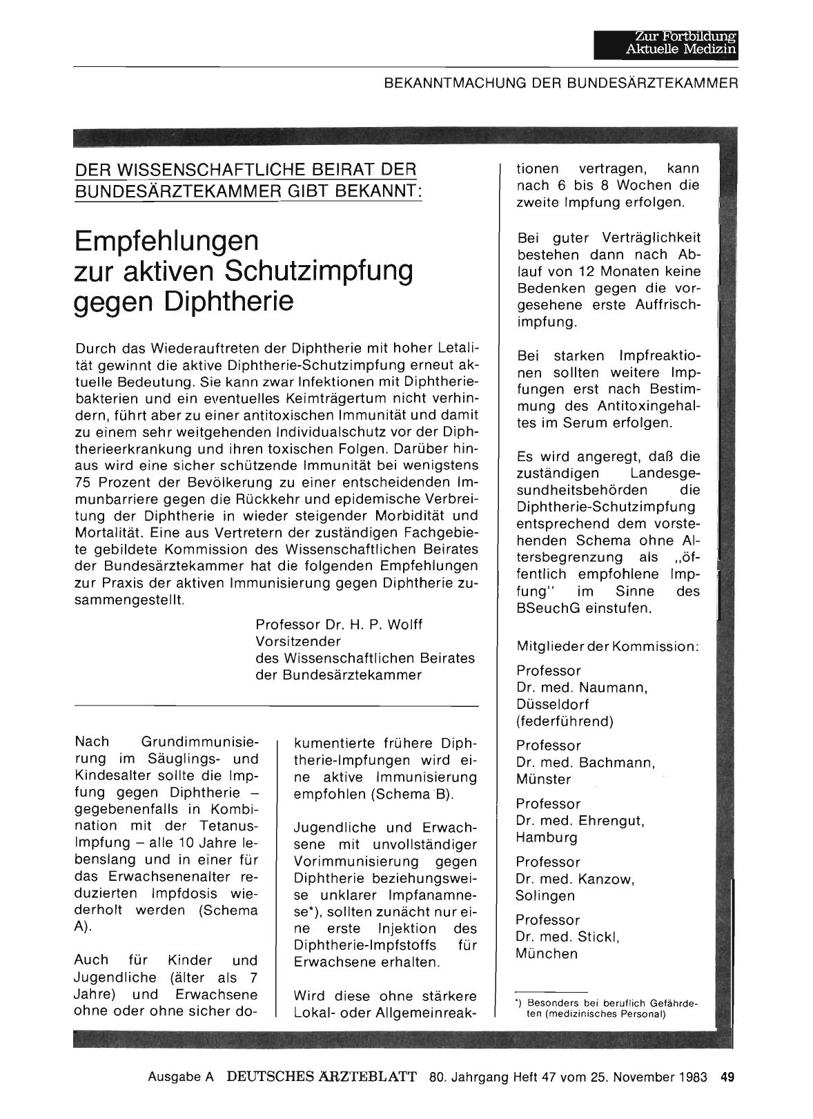 Vorschauseite 1: DER WISSENSCHAFTLICHE BEIRAT DER BUNDESÄRZTEKAMMER GIBT BEKANNT: Empfehlungen zur aktiven Schutzimpfung gegen Diphtherie