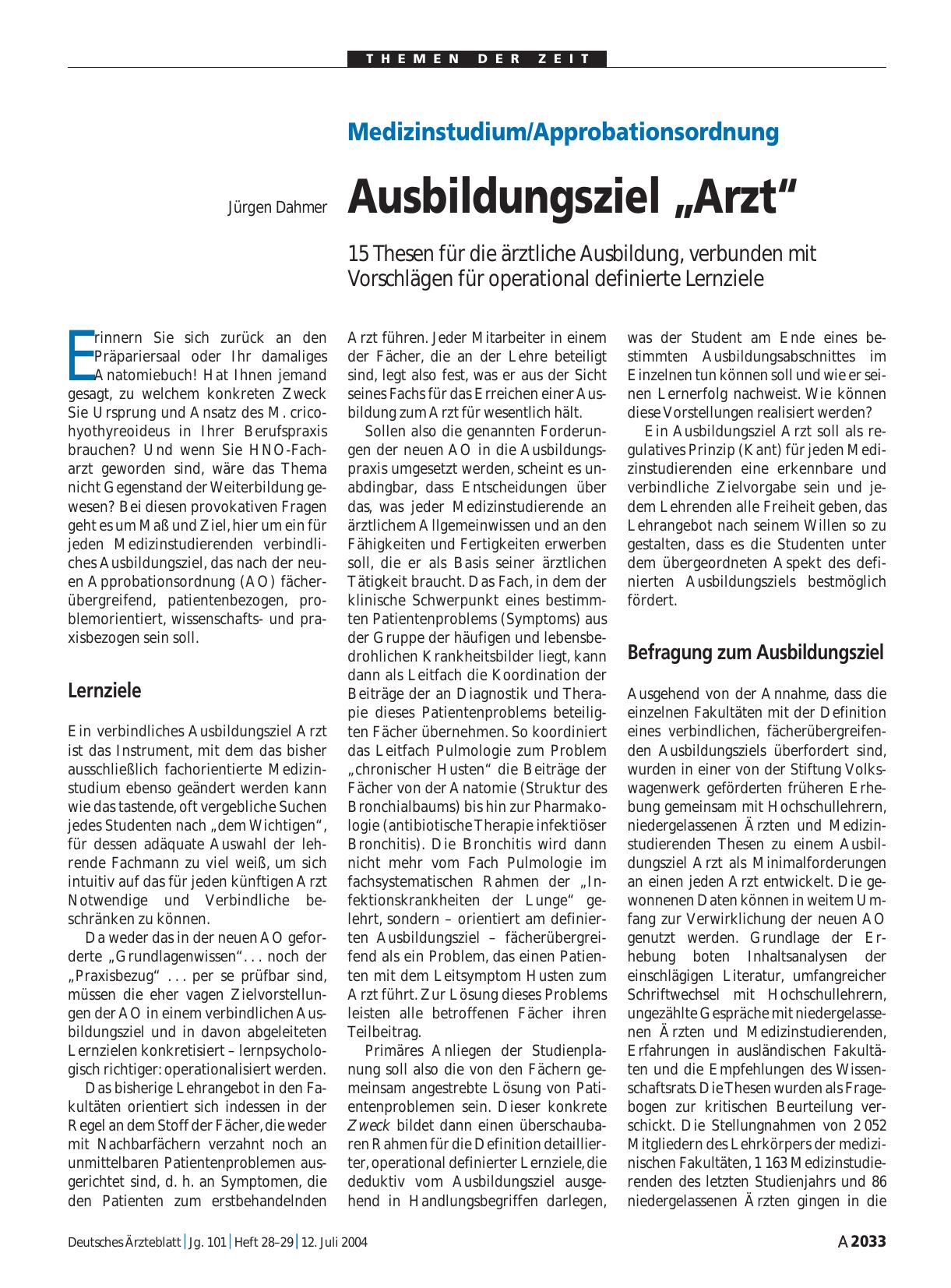 Vorschauseite 1: Medizinstudium/Approbationsordnung: Ausbildungsziel „Arzt“