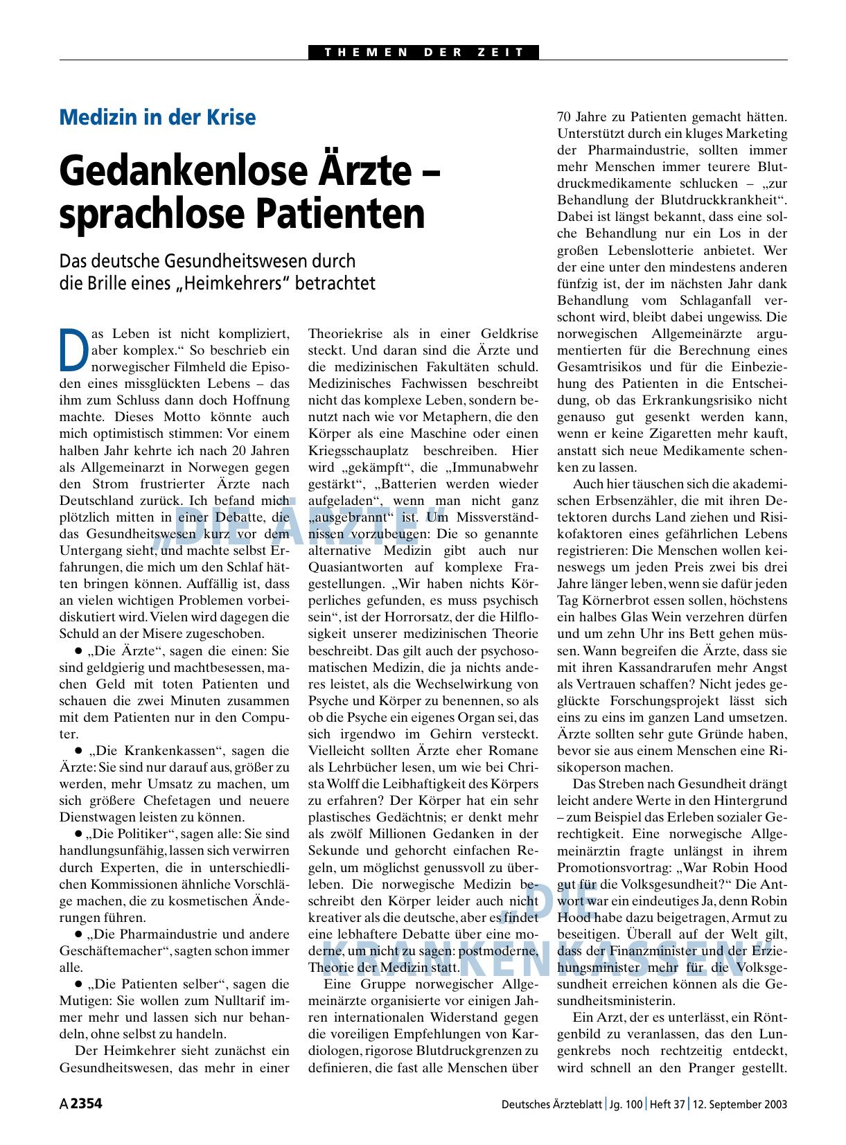 Vorschauseite 1: Medizin in der Krise: Gedankenlose Ärzte – sprachlose Patienten