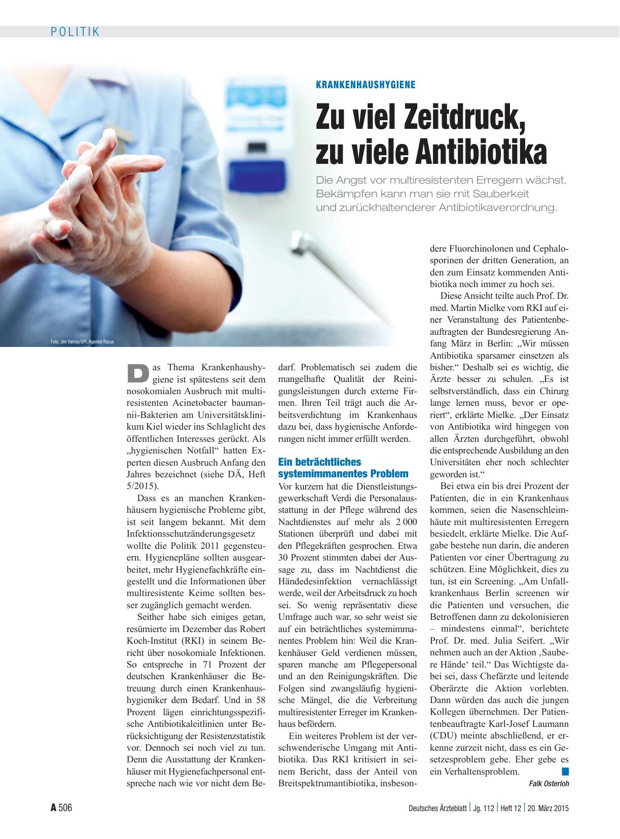 Vorschauseite 1: Krankenhaushygiene: Zu viel Zeitdruck, zu viele Antibiotika