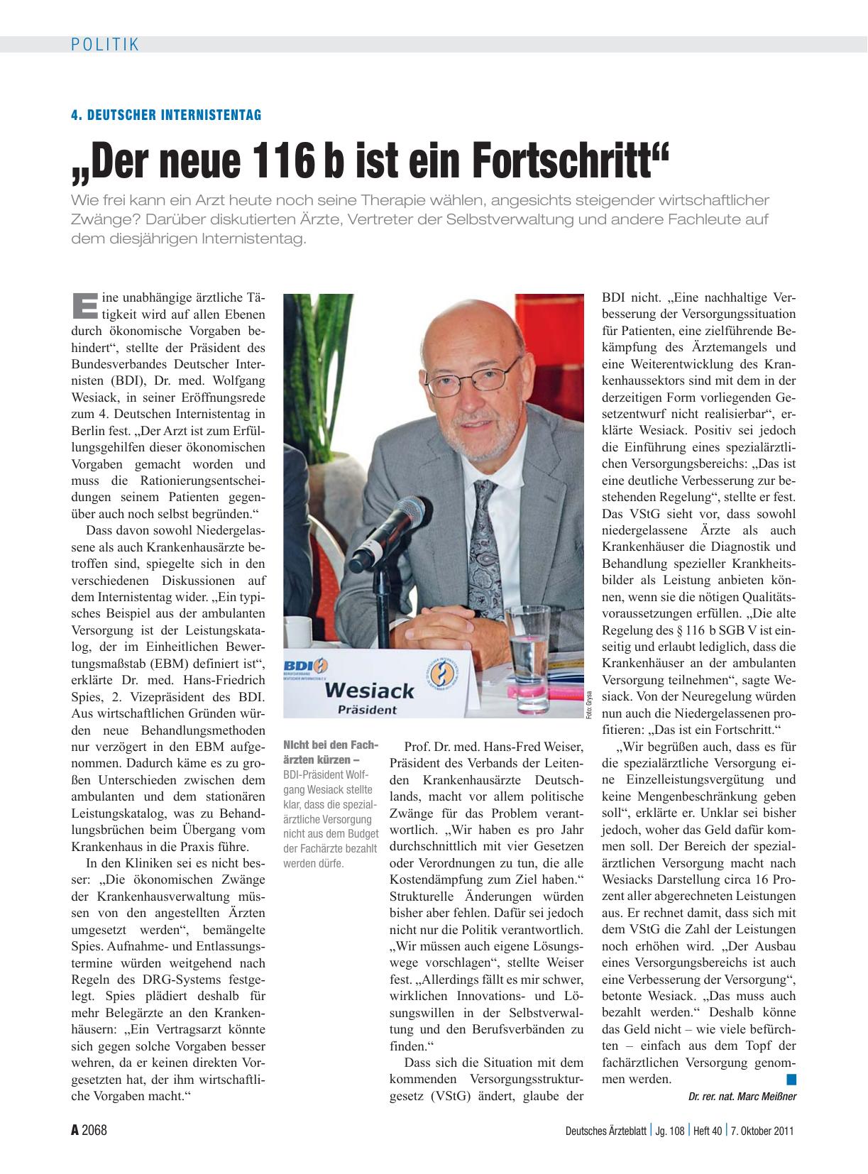 Vorschauseite 1: 4. Deutscher Internistentag: „Der neue 116 b ist ein Fortschritt“
