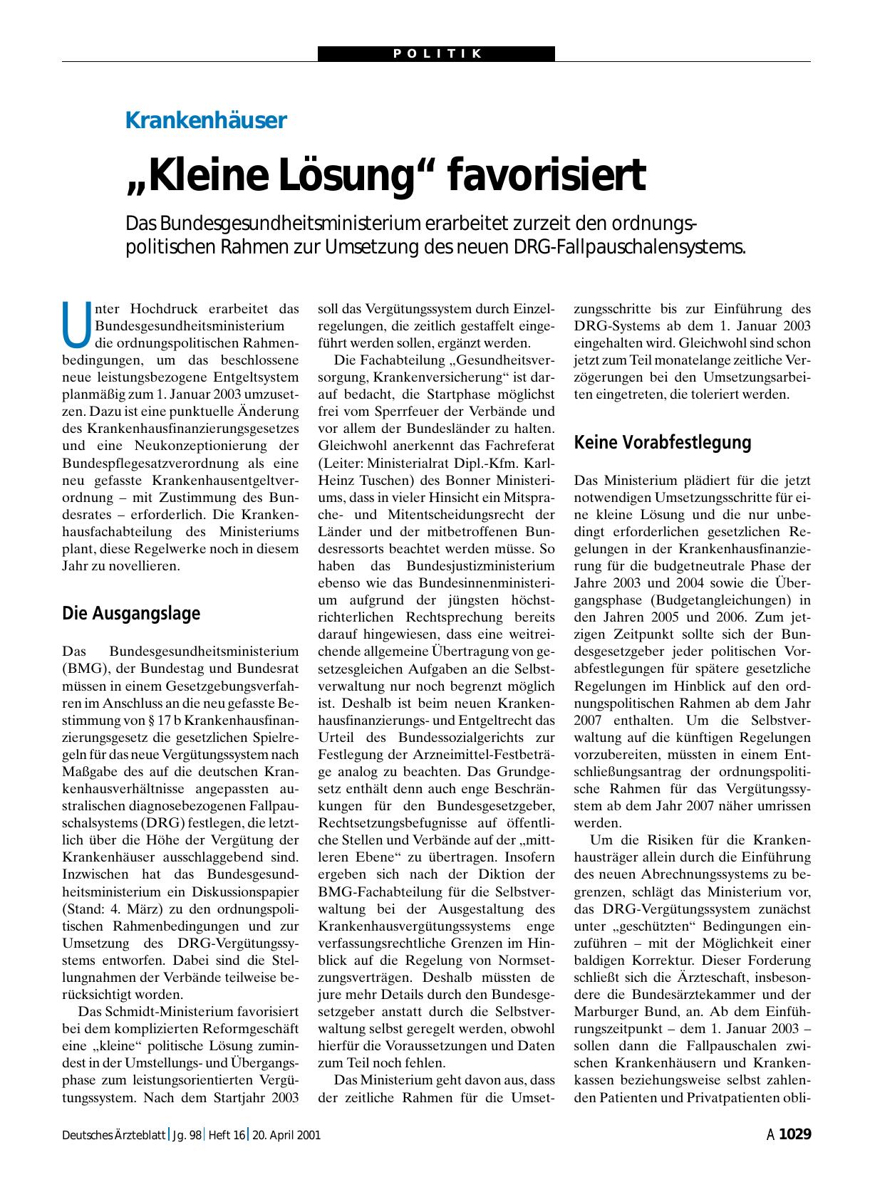 Vorschauseite 1: Krankenhäuser: „Kleine Lösung“ favorisiert
