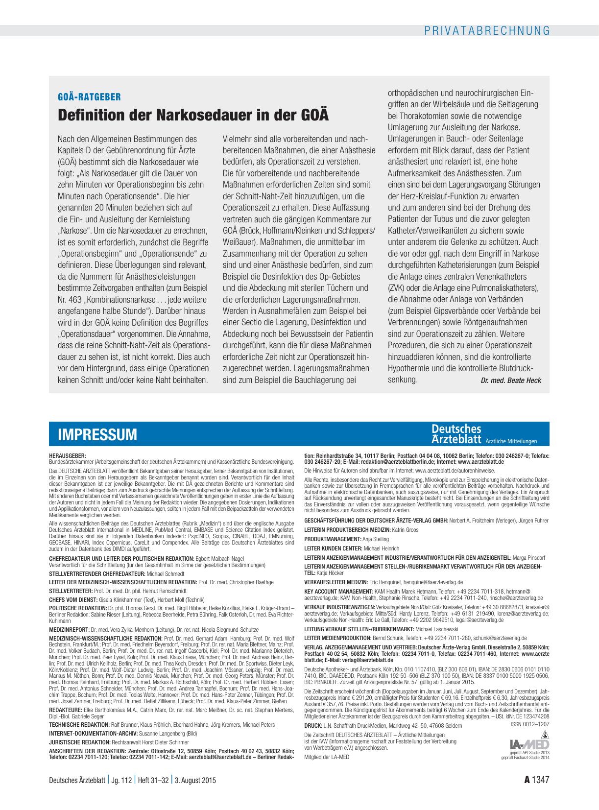 Vorschauseite 1: GOÄ-Ratgeber: Definition der Narkosedauer in der GOÄ
