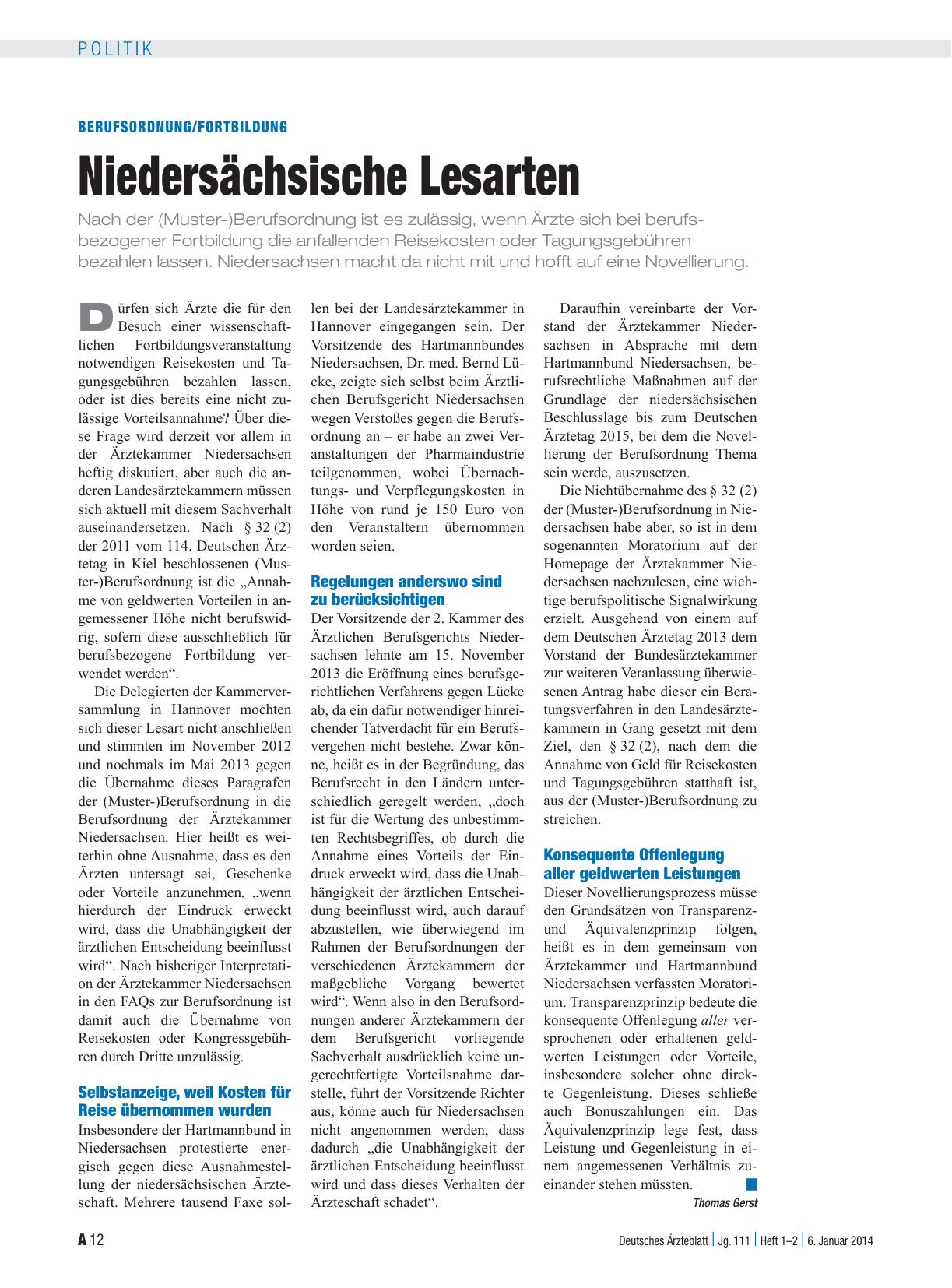 Vorschauseite 1: Berufsordnung/Fortbildung: Niedersächsische Lesarten