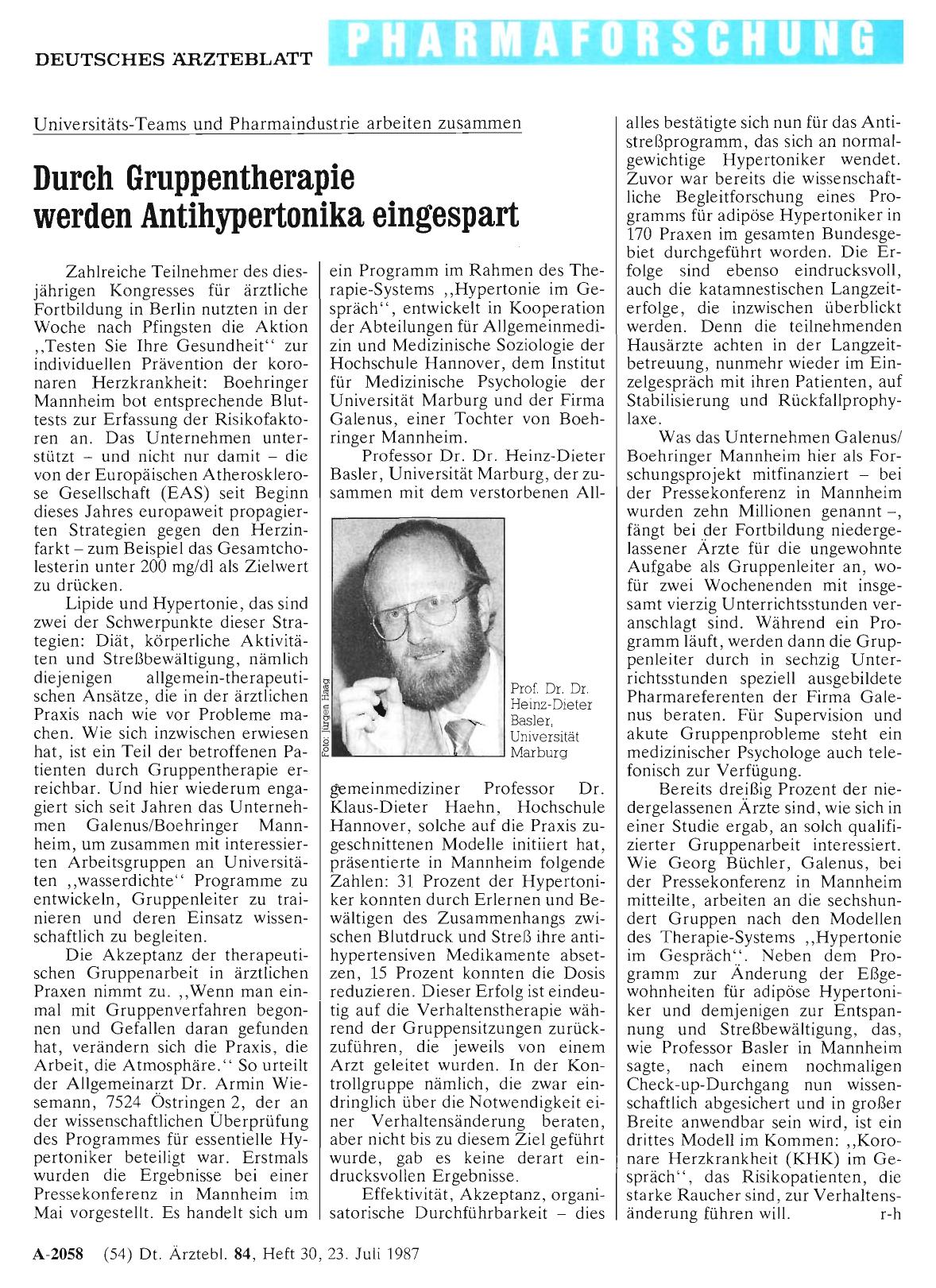 Vorschauseite 1: Durch Gruppentherapie werden Antihypertonika eingespart - Universitäts-Teams und Pharmaindustrie arbeiten zusammen
