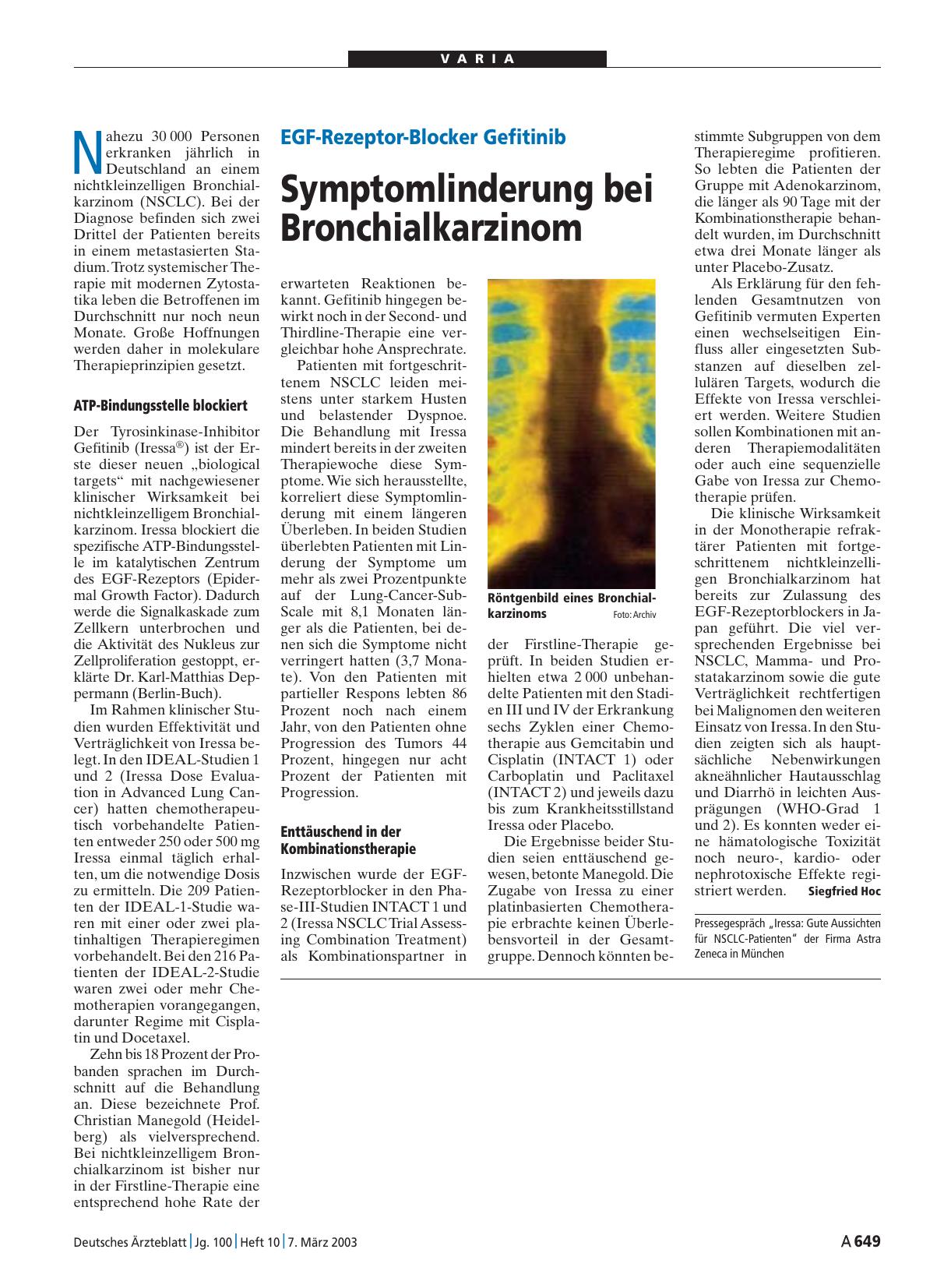 Vorschauseite 1: EGF-Rezeptor-Blocker Gefitinib: Symptomlinderung bei Bronchialkarzinom