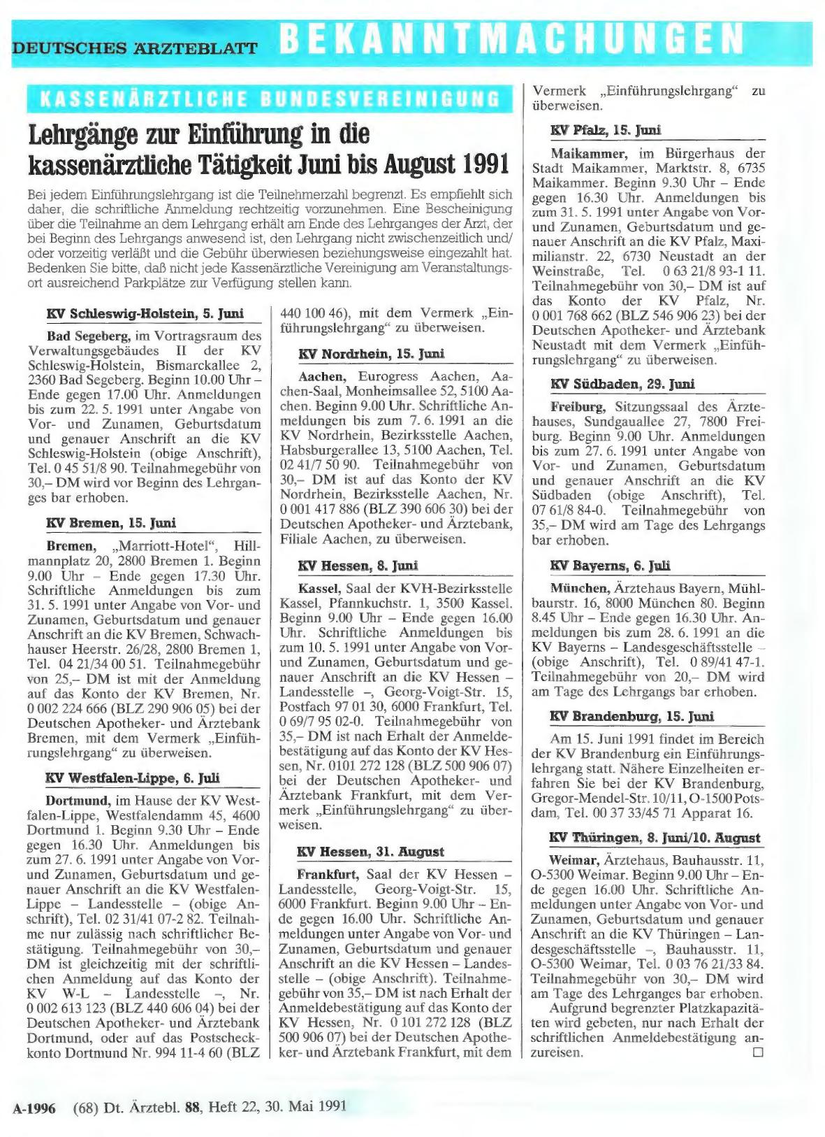 Vorschauseite 1: Lehrgänge zur Einführung in die kassenärztliche Tätigkeit Juni bis August 1991