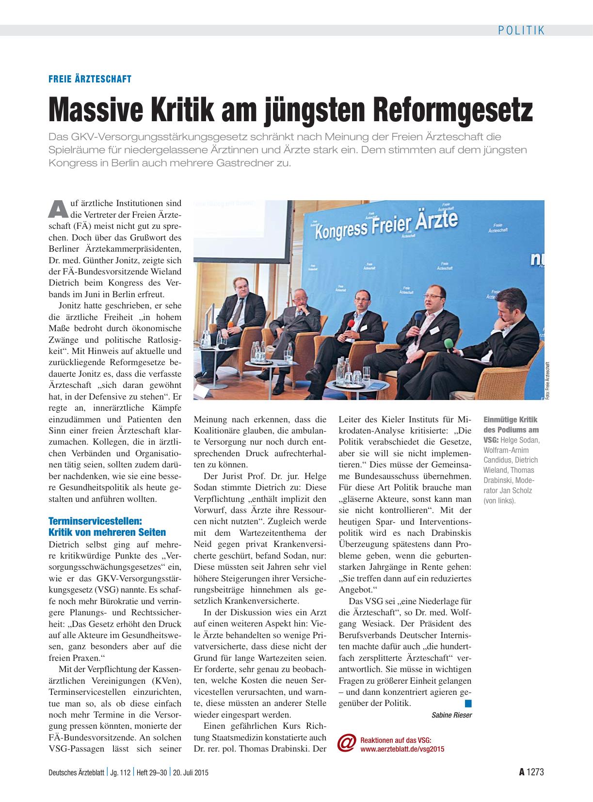 Vorschauseite 1: Freie Ärzteschaft: Massive Kritik am jüngsten Reformgesetz