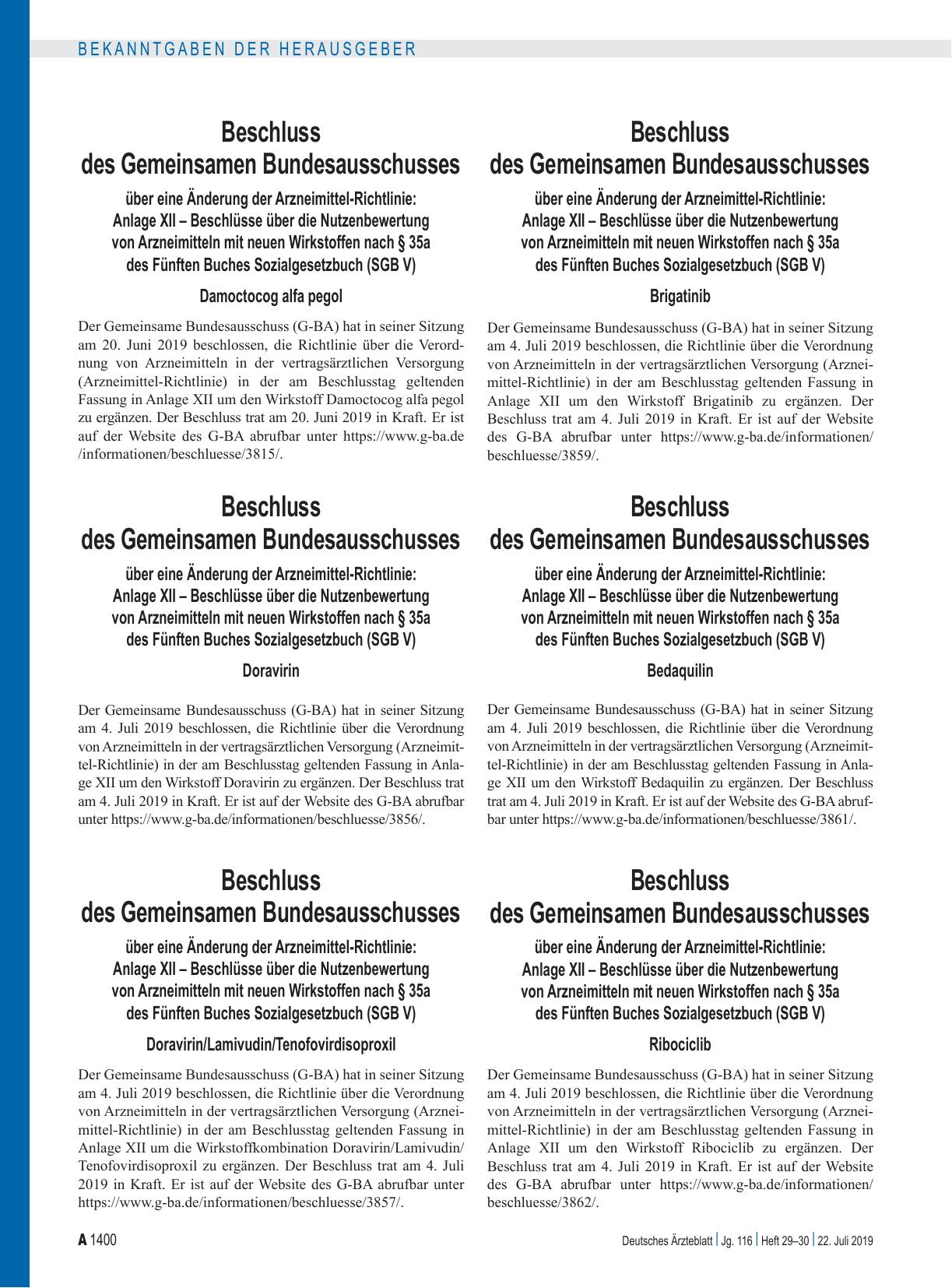 Vorschauseite 1: Beschluss des Gemeinsamen Bundesausschusses über eine Änderung der Arzneimittel-Richtlinie: Anlage XII – Brigatinib