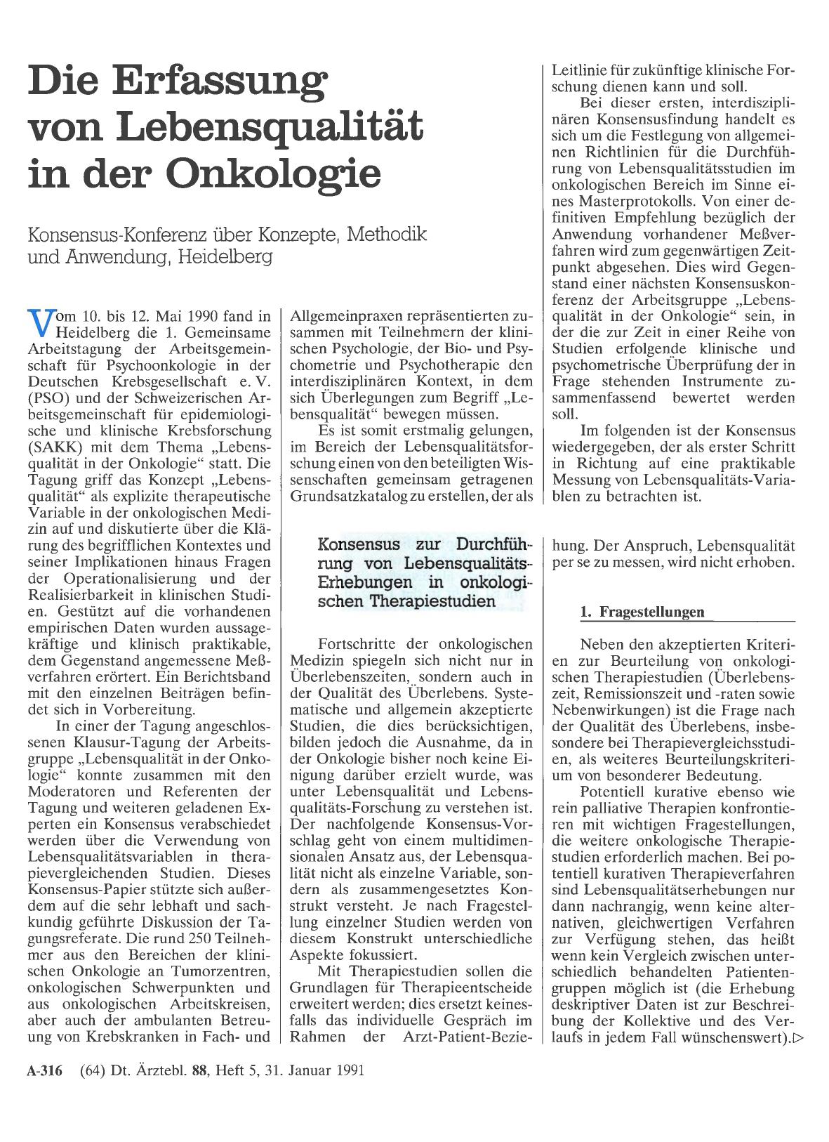 Vorschauseite 1: Die Erfassung von Lebensqualität in der Onkologie: Konsensus-Konferenz über Konzepte, Methodik und Anwendung, Heidelberg
