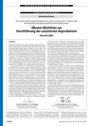 Vorschauseite 1: Bekanntmachungen: (Muster-)Richtlinie zur Durchführung der assistierten Reproduktion – Novelle 2006 –