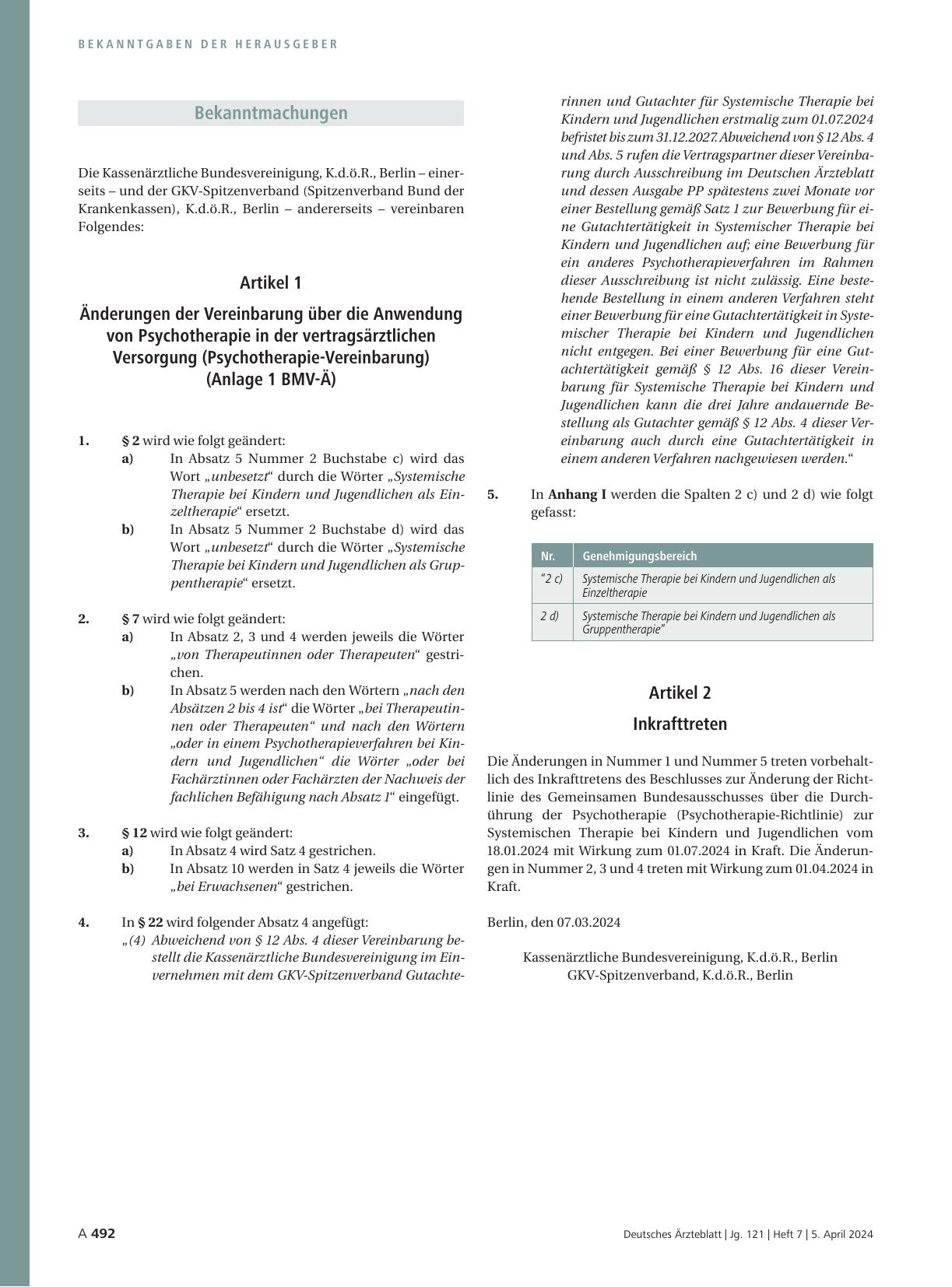 Vorschauseite 1: Änderungen der Vereinbarung über die Anwendung von Psychotherapie in der vertragsärztlichen Versorgung (Psychotherapie-Vereinbarung)