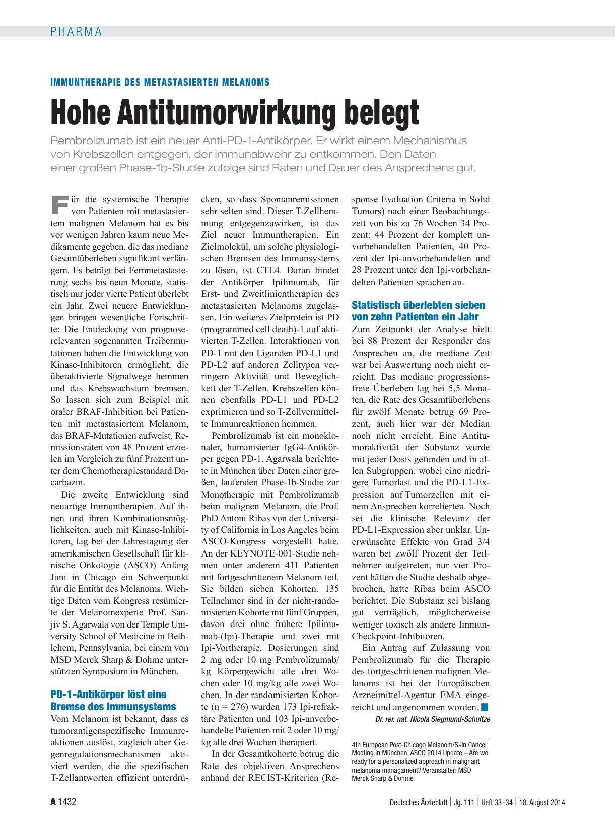 Vorschauseite 1: Immuntherapie des Metastasierten Melanoms: Hohe Antitumorwirkung belegt