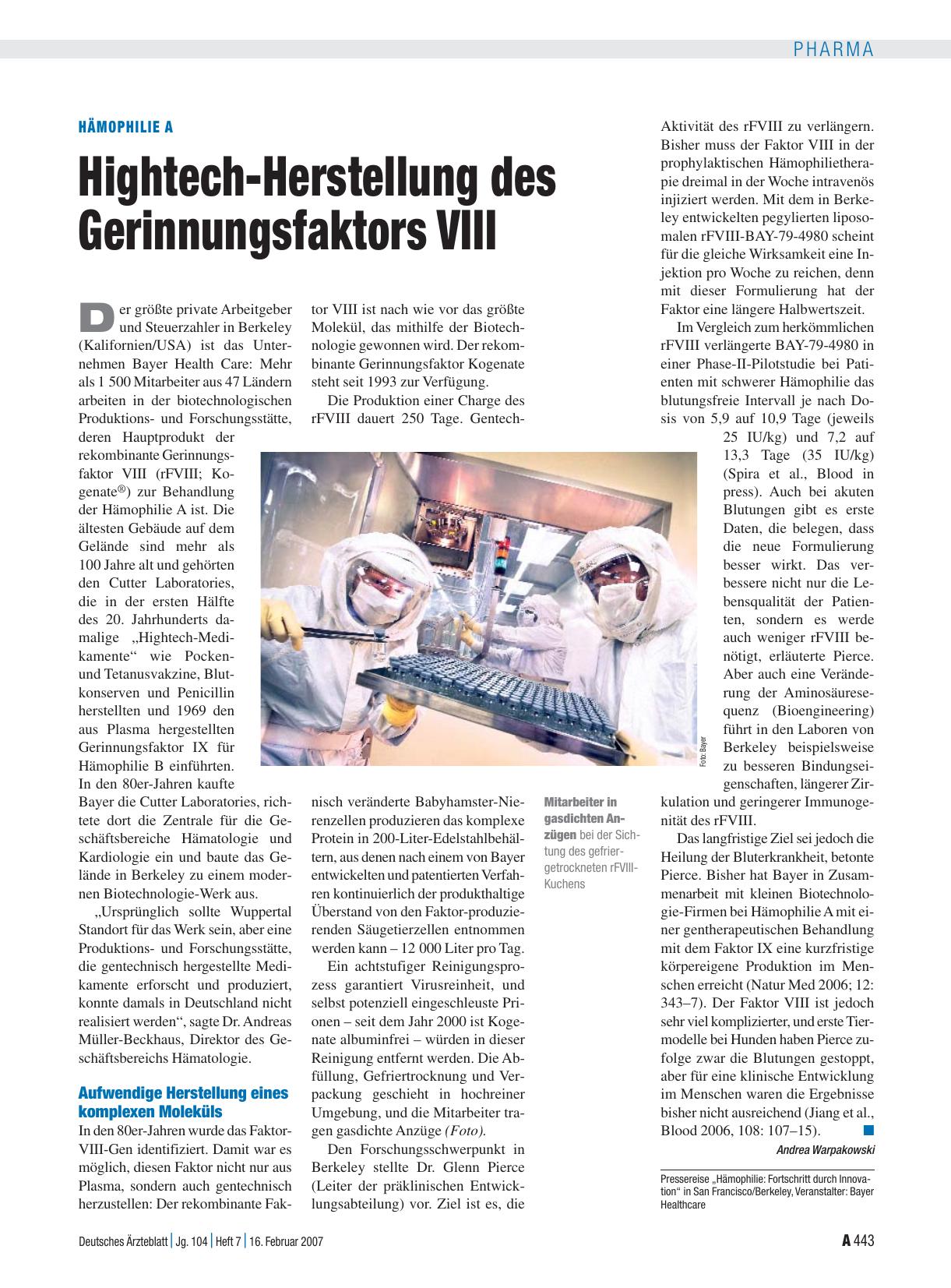 Vorschauseite 1: Hämophilie A: Hightech-Herstellung des Gerinnungsfaktors VIII