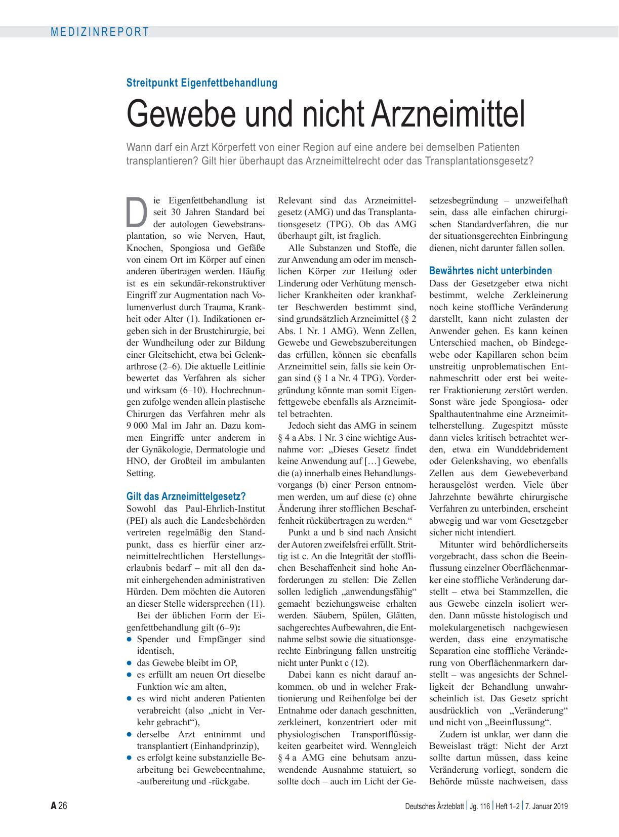 Vorschauseite 1: Streitpunkt Eigenfettbehandlung: Gewebe und nicht Arzneimittel