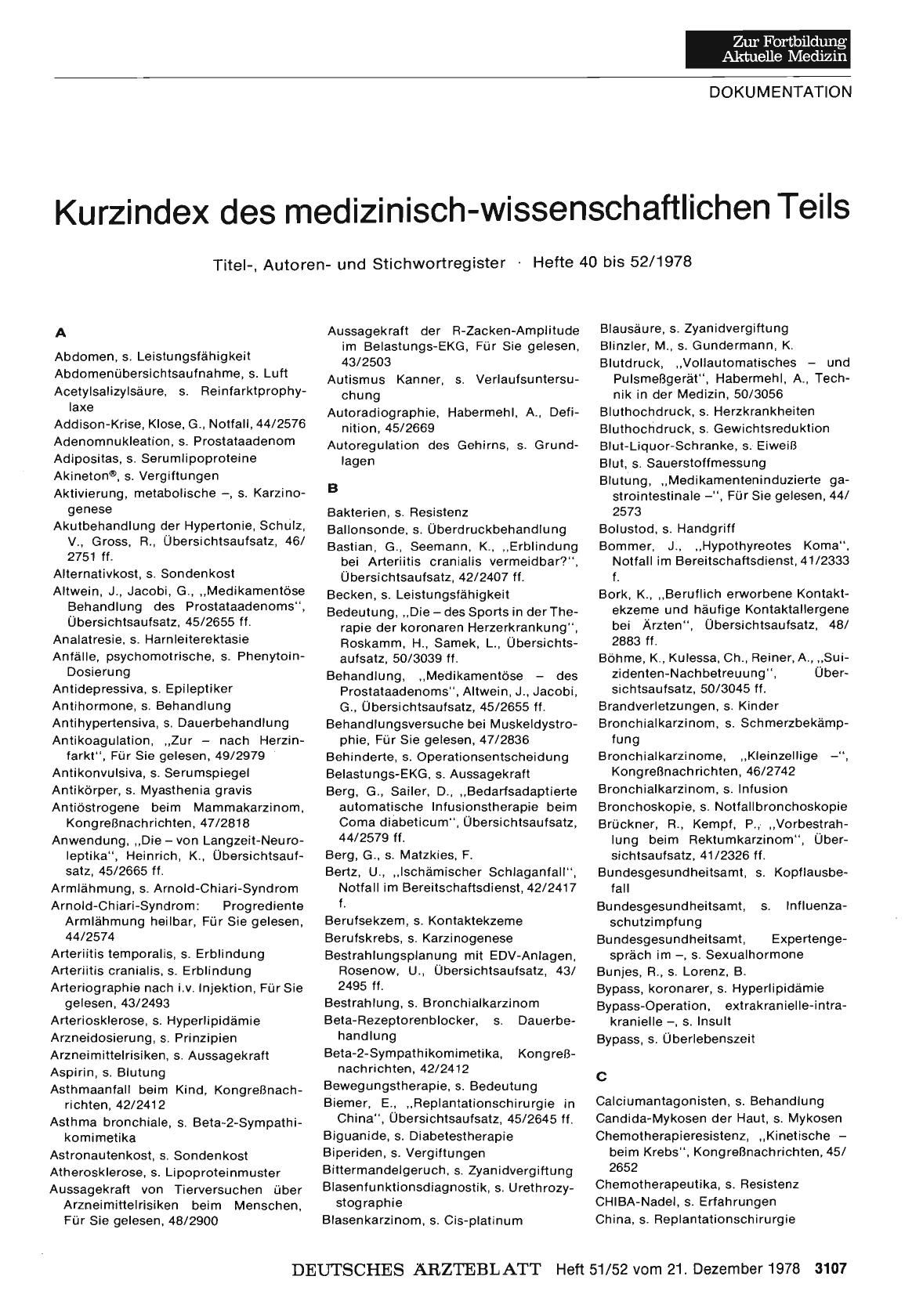 Vorschauseite 1: Kurzindex des medizinisch-wissenschaftlichen Teils: Titel-, Autorenund Stichwortregister • Hefte 40 bis 52/1978