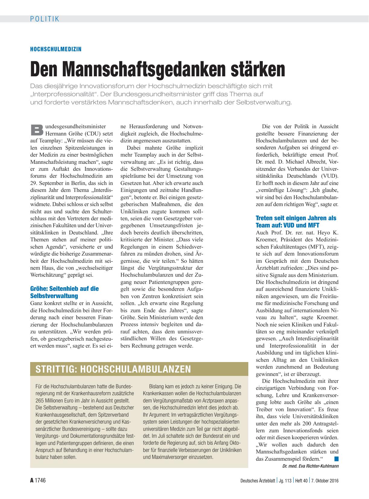 Vorschauseite 1: Hochschulmedizin: Den Mannschaftsgedanken stärken