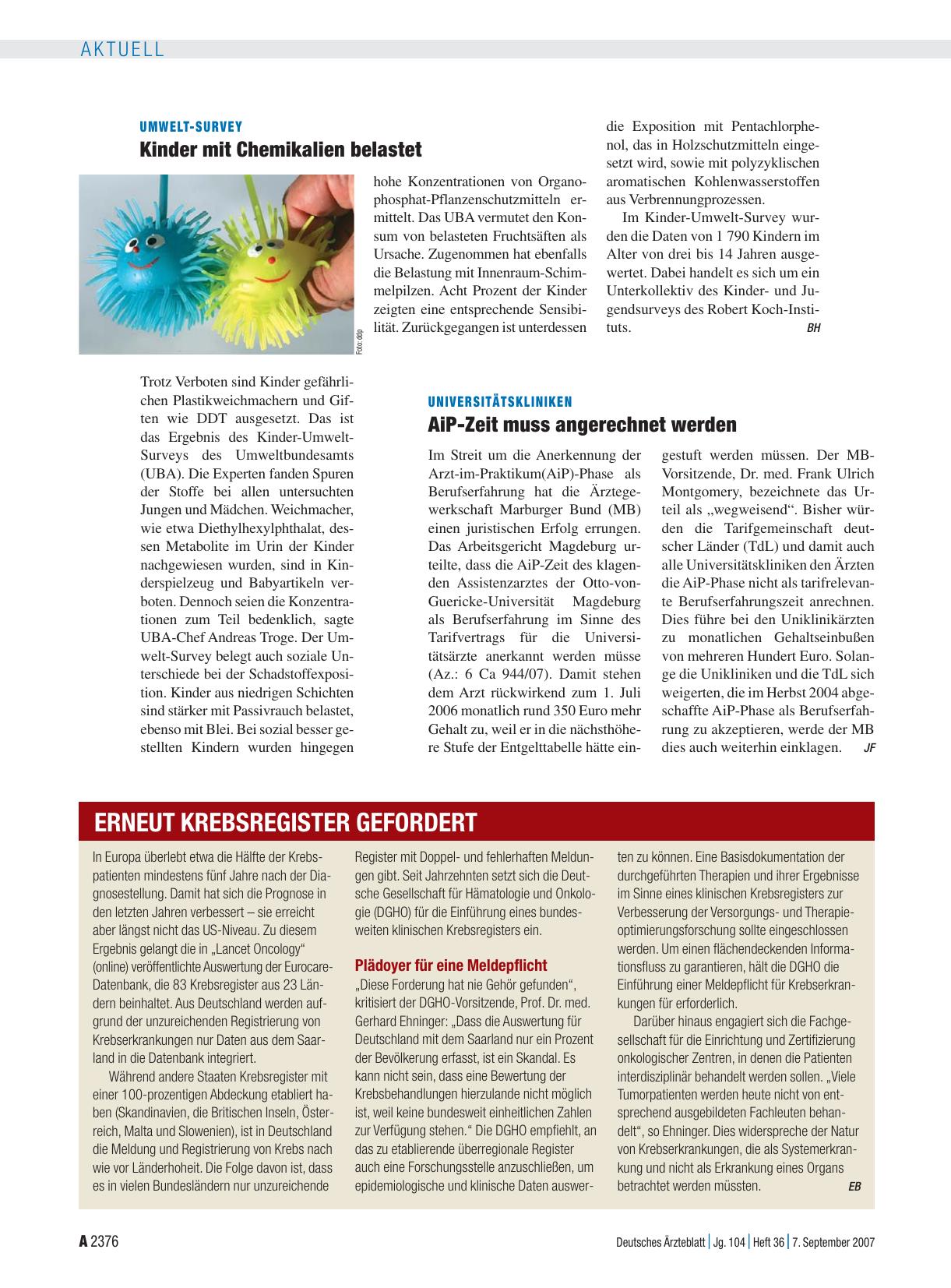 Vorschauseite 1: Erneut Krebsregister gefordert