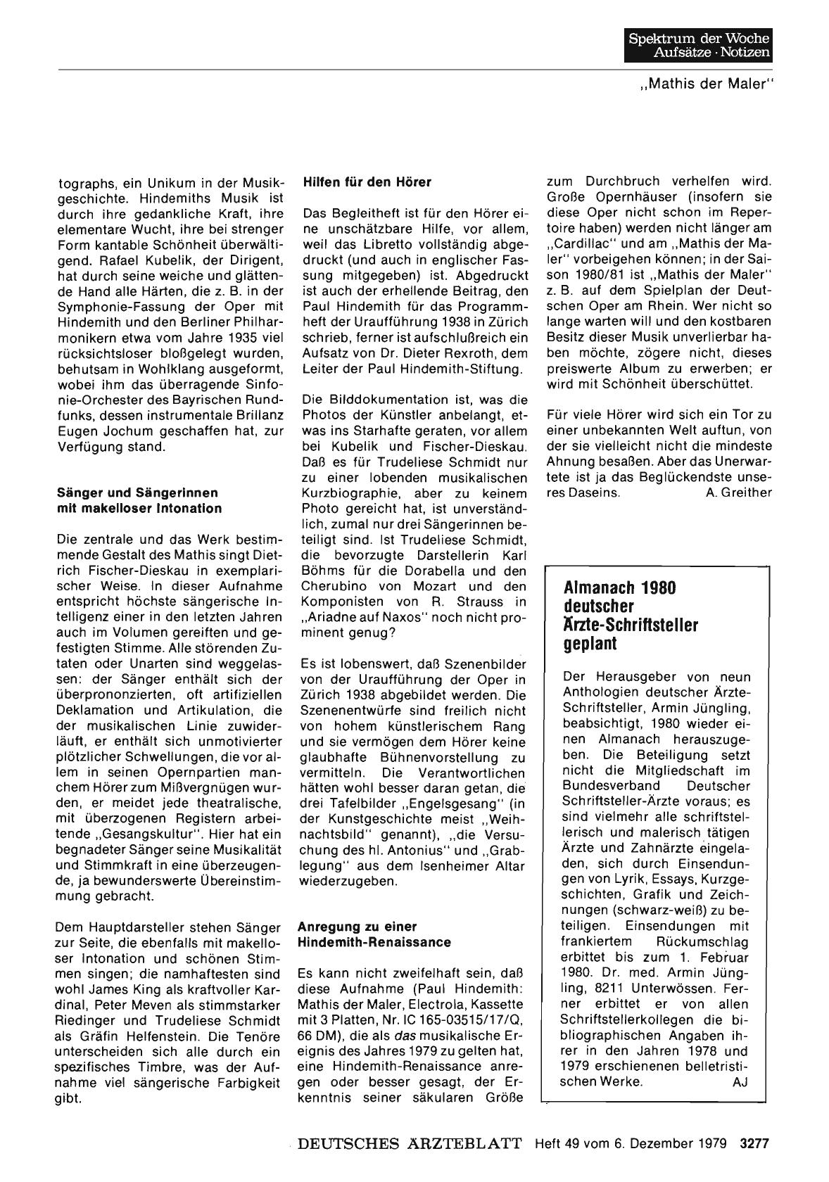 Vorschauseite 1: Almanach 1980 deutscher Ärzte-Schriftsteller geplant