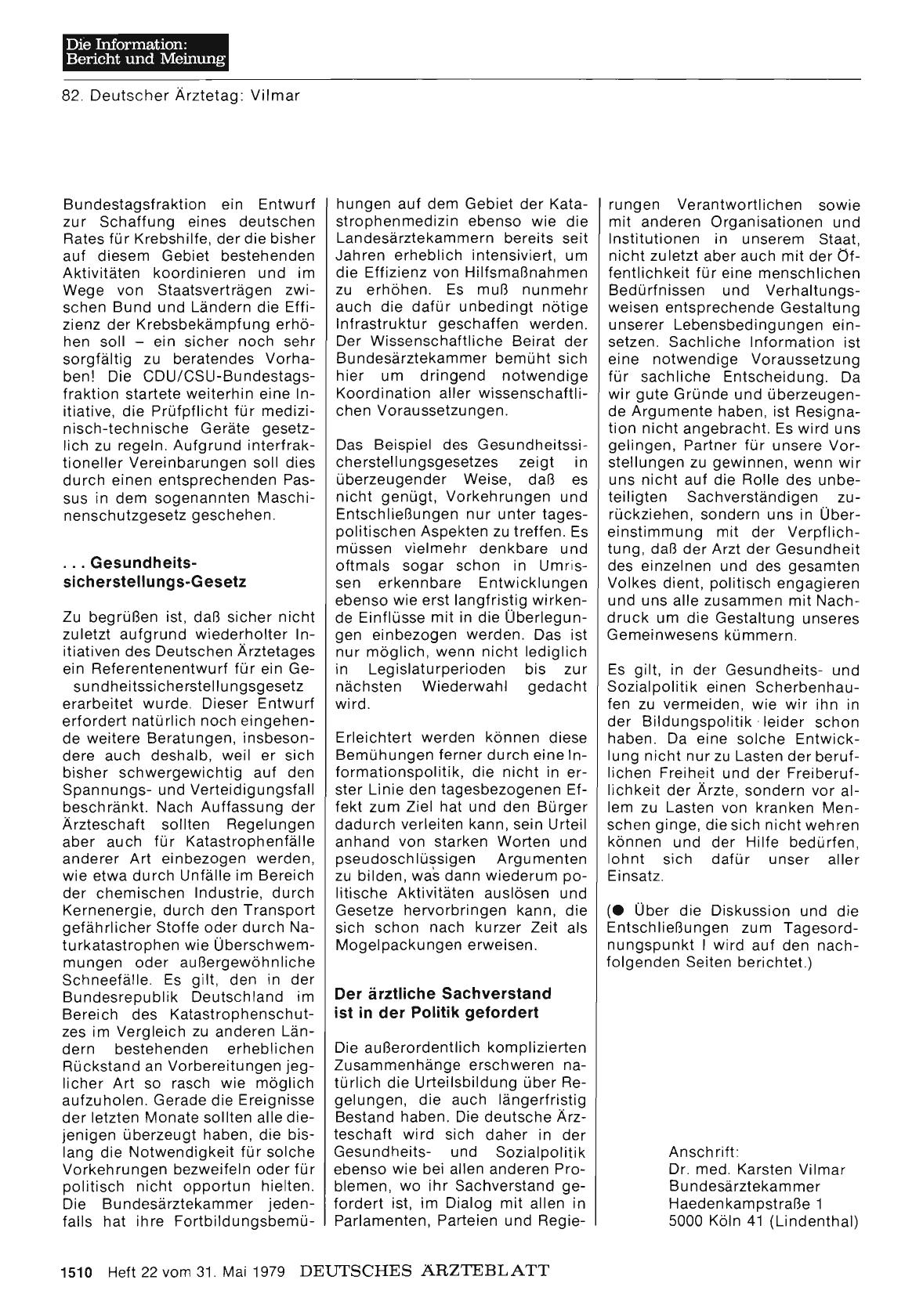 Vorschauseite 1: 82. Deutscher Ärztetag: Diskussion und Entschließungen zu Punkt l: Kleines Spektrum ärztlicher Gesundheitspolitik