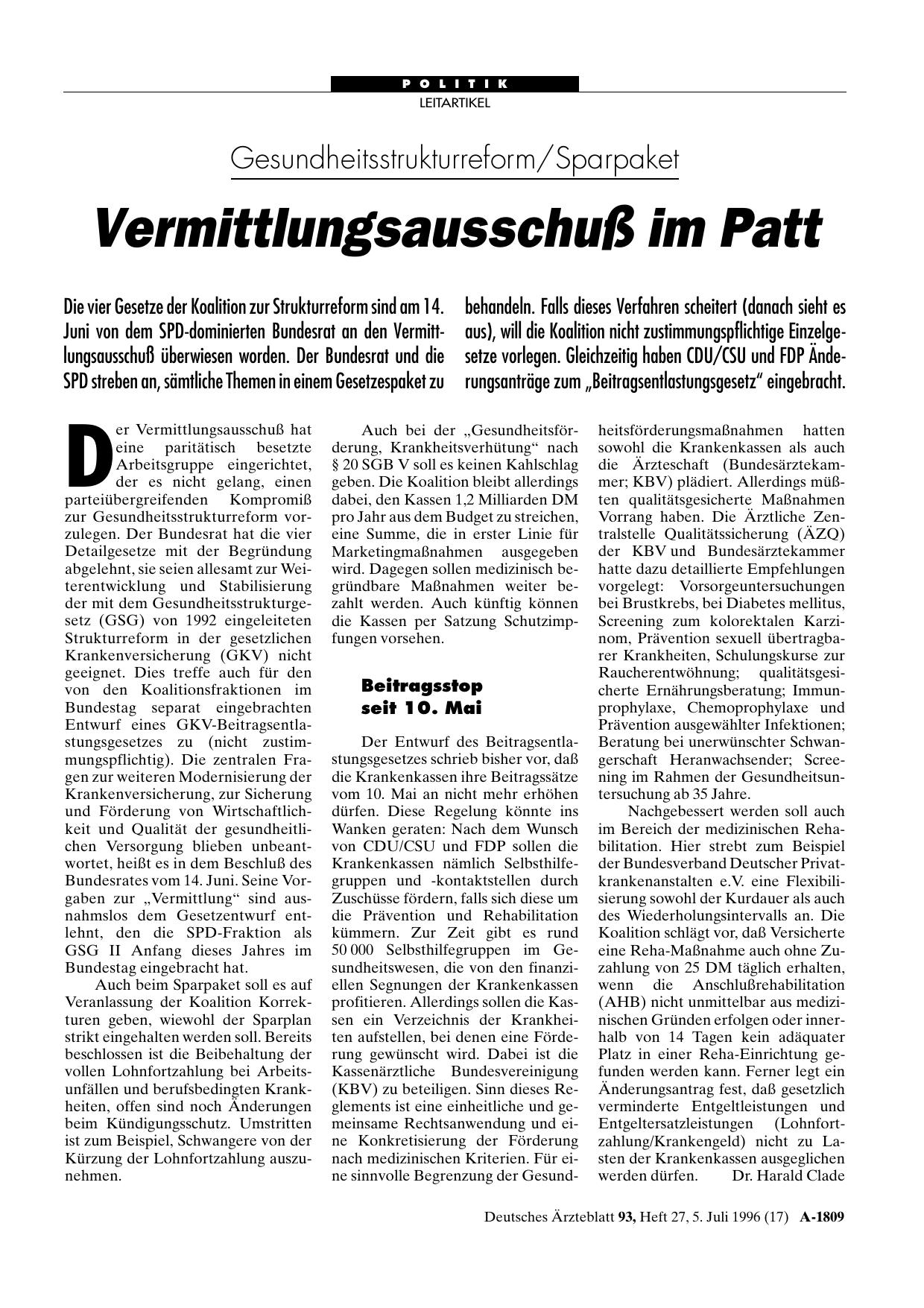 Vorschauseite 1: Gesundheitsstrukturreform/Sparpaket: Vermittlungsausschuß im Patt