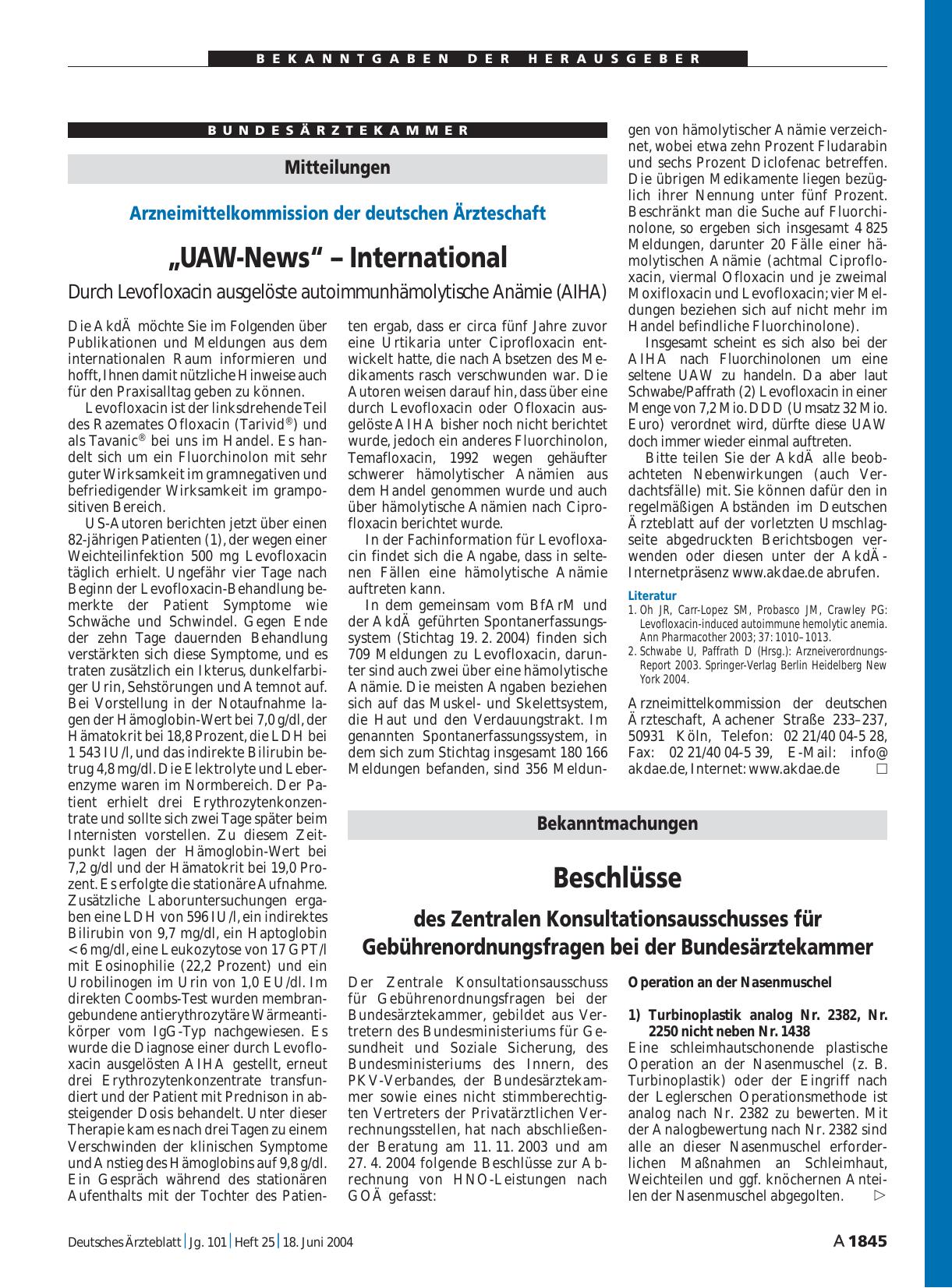 Vorschauseite 1: Bekanntmachungen: Beschlüsse des Zentralen Konsultationsausschusses für Gebührenordnungsfragen bei der Bundesärztekammer