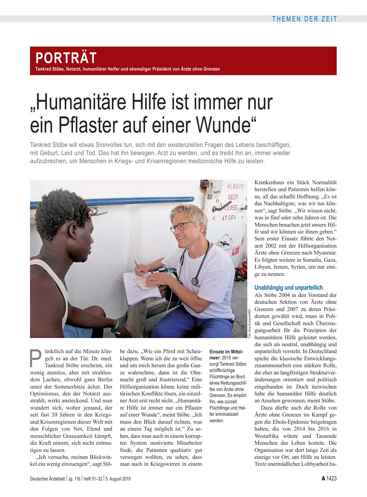 Vorschauseite 1: Tankred Stöbe, Notarzt, humanitärer Helfer und ehemaliger Präsident von Ärzte ohne Grenzen: „Humanitäre Hilfe ist immer nur ein Pflaster auf einer Wunde“