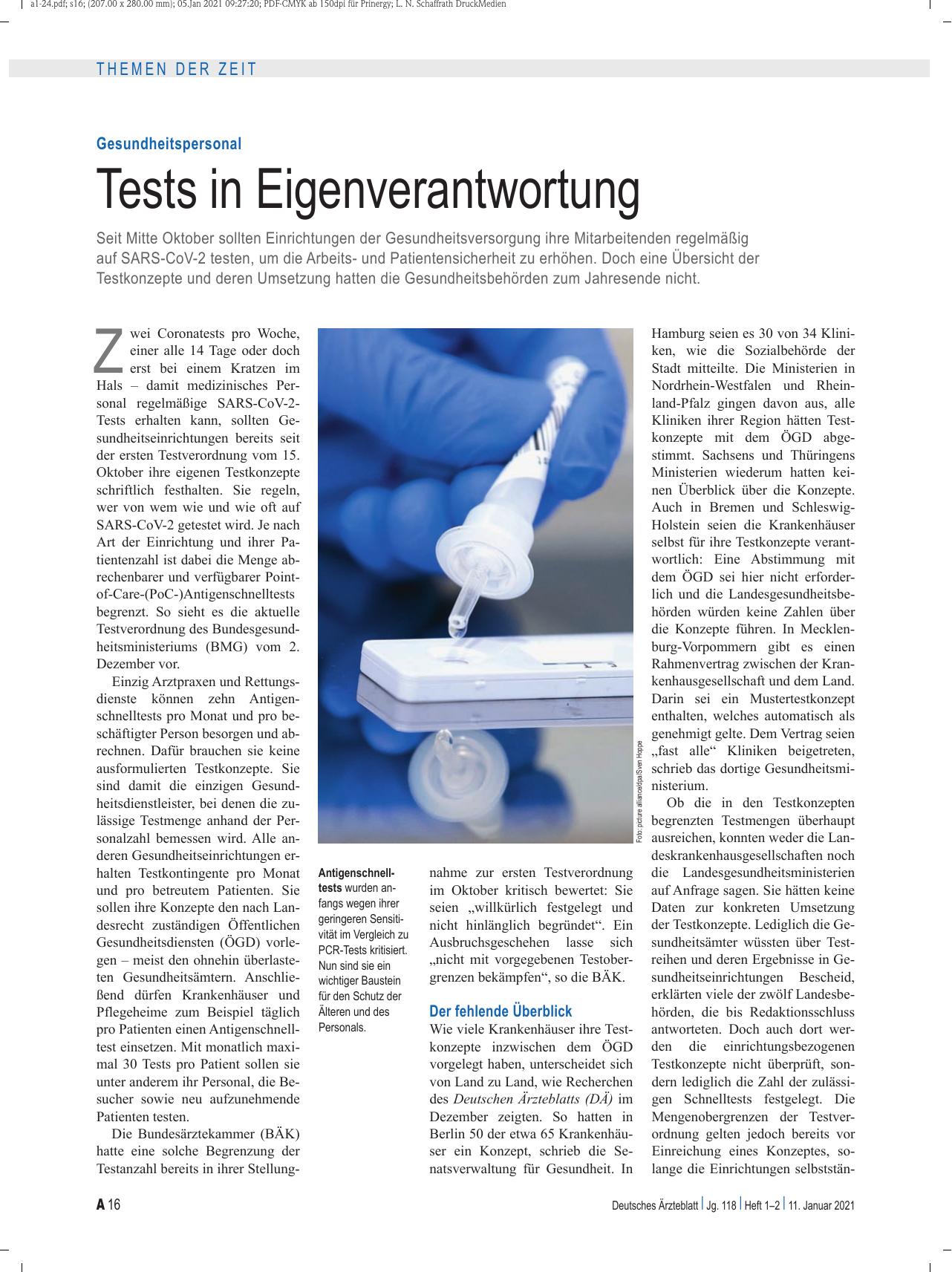 Vorschauseite 1: Gesundheitspersonal: Tests in Eigenverantwortung