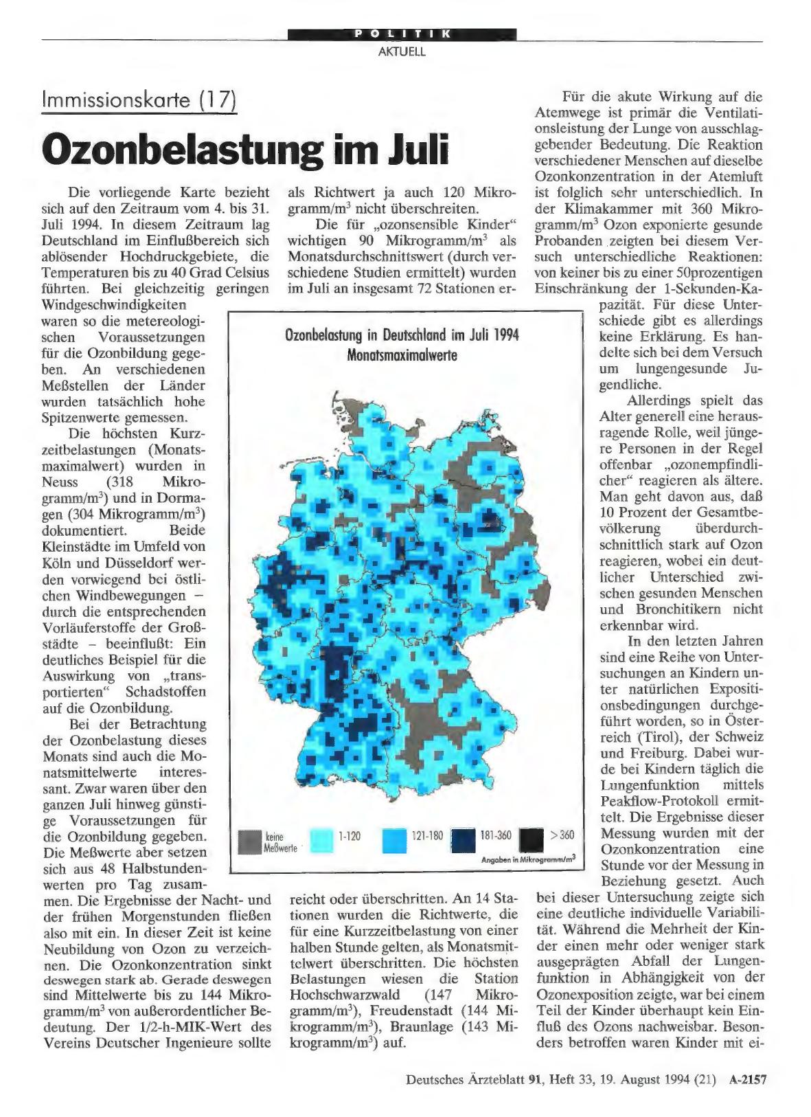 Vorschauseite 1: Immissionskarte (17): Ozonbelastung im Juli
