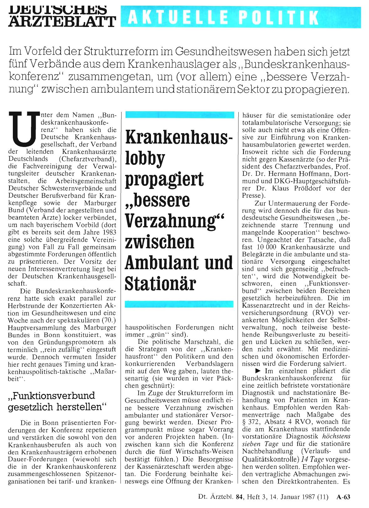 Vorschauseite 1: Krankenhauslobby propagiert, ,bessere Verzahnung'' zwischen Ambulant und Stationär