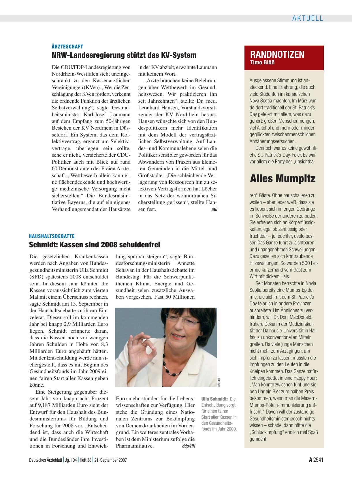 Vorschauseite 1: Haushaltsdebatte: Schmidt – Kassen sind 2008 schuldenfrei