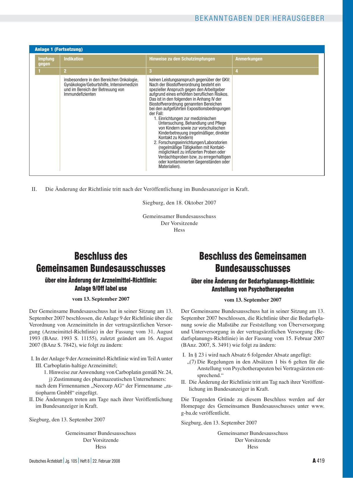 Vorschauseite 1: Beschluss des Gemeinsamen Bundesausschusses über eine Änderung der Bedarfsplanungs-Richtlinie: Anstellung von Psychotherapeuten vom 13. September 2007