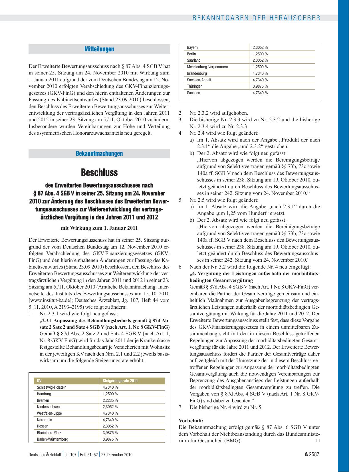 Vorschauseite 1: Beschluss des Erweiterten Bewertungsausschusses nach § 87 Abs. 4 SGB V in seiner 25. Sitzung am 24. November 2010 zur Änderung des Beschlusses des Erweiterten Bewertungsausschusse…