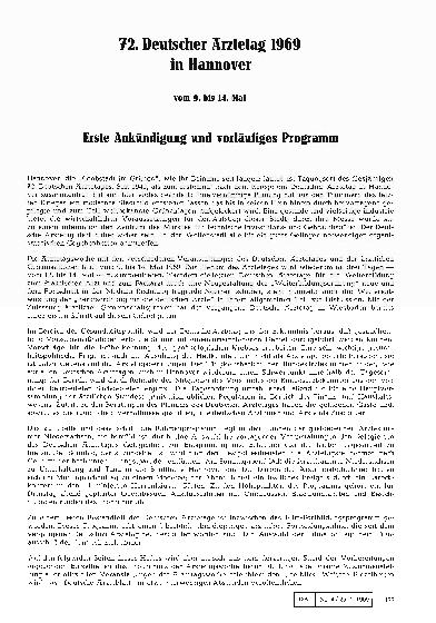 Vorschauseite 1: 72. Deutscher Ärztetag 1969 in Hannover vom 9. bis 14. Mai Erste Ankündigung und vorläufiges Programm