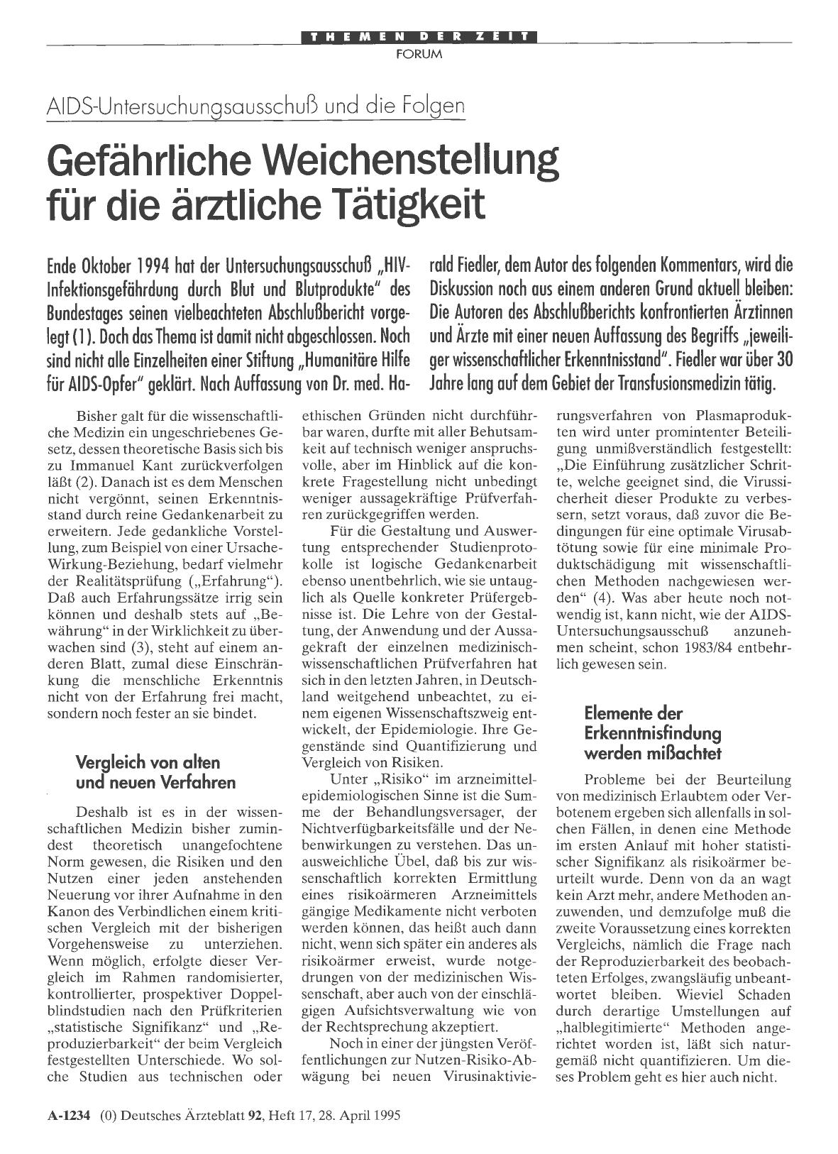 Vorschauseite 1: AIDS-Untersuchungsausschuß und die Folgen: Gefährliche Weichenstellung für die ärztliche Tätigkeit