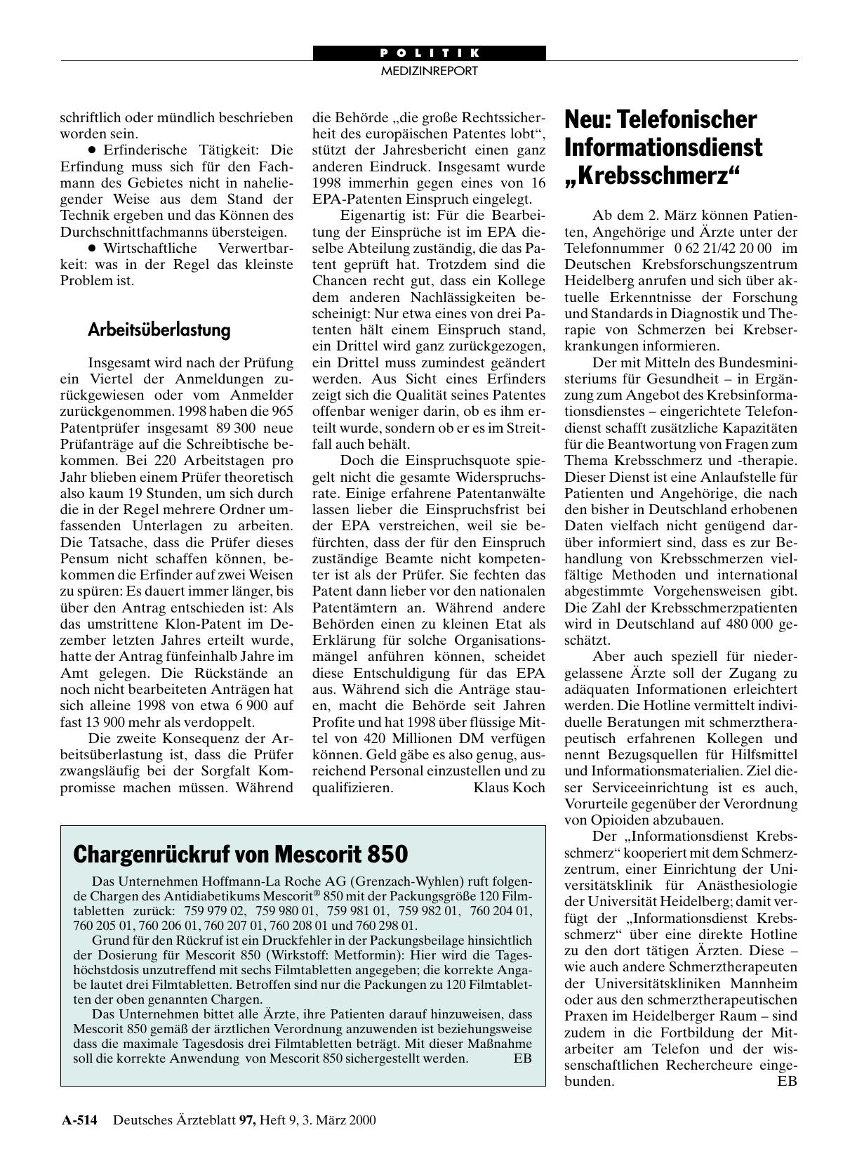 Vorschauseite 1: Neu: Telefonischer Informationsdienst „Krebsschmerz“
