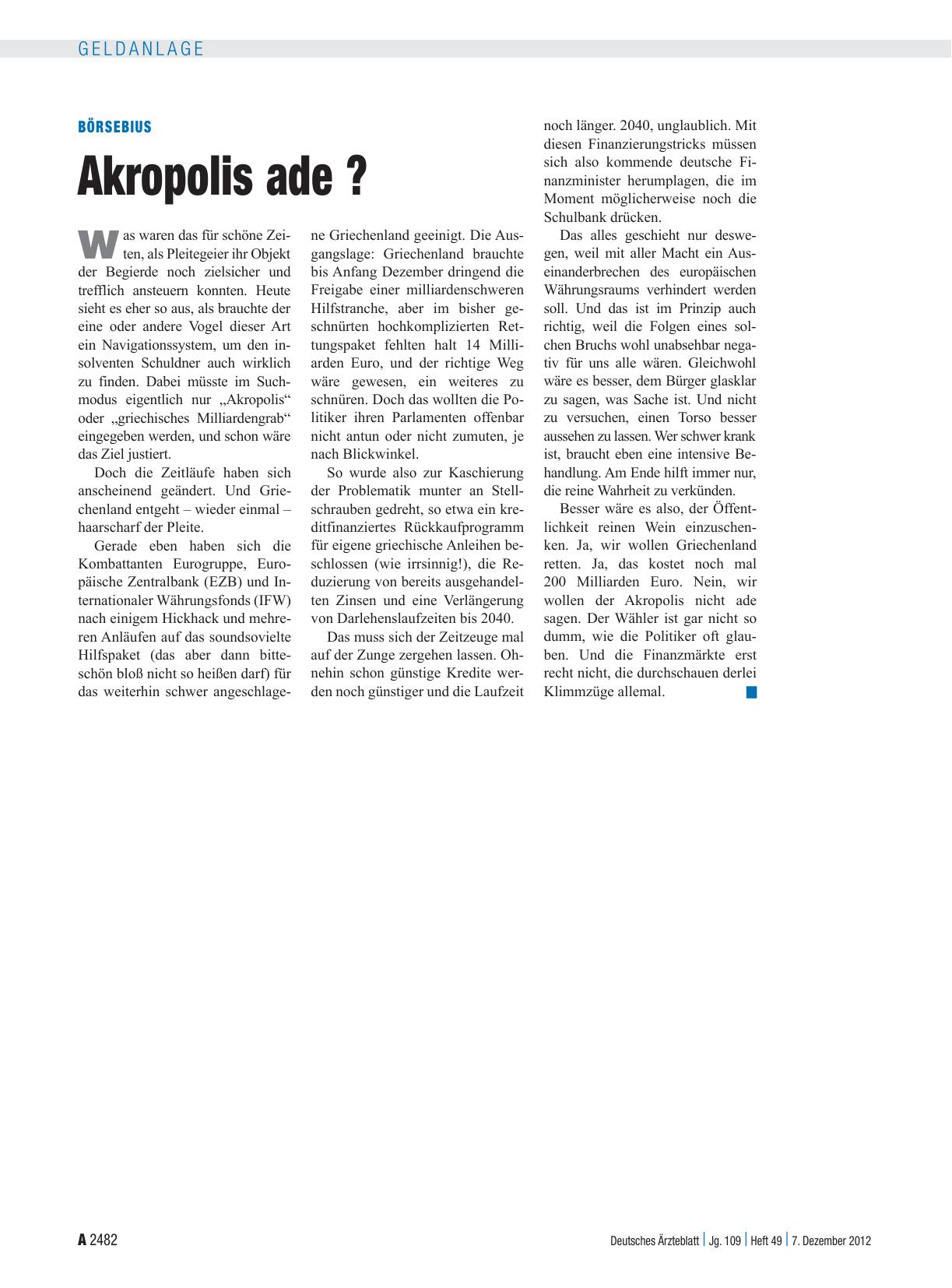 Vorschauseite 1: Börsebius: Akropolis ade?