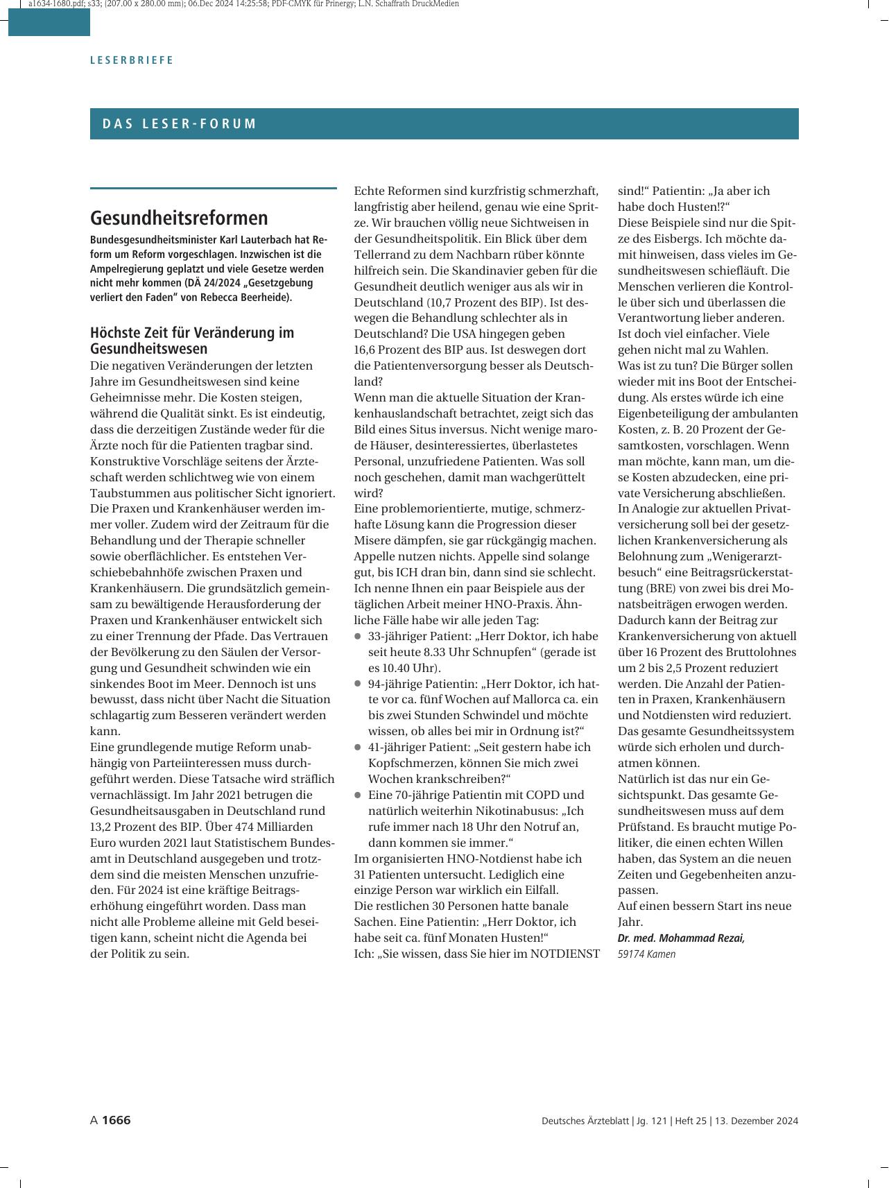 Vorschauseite 1: Gesundheitsreformen: Höchste Zeit für Veränderung im Gesundheitswesen