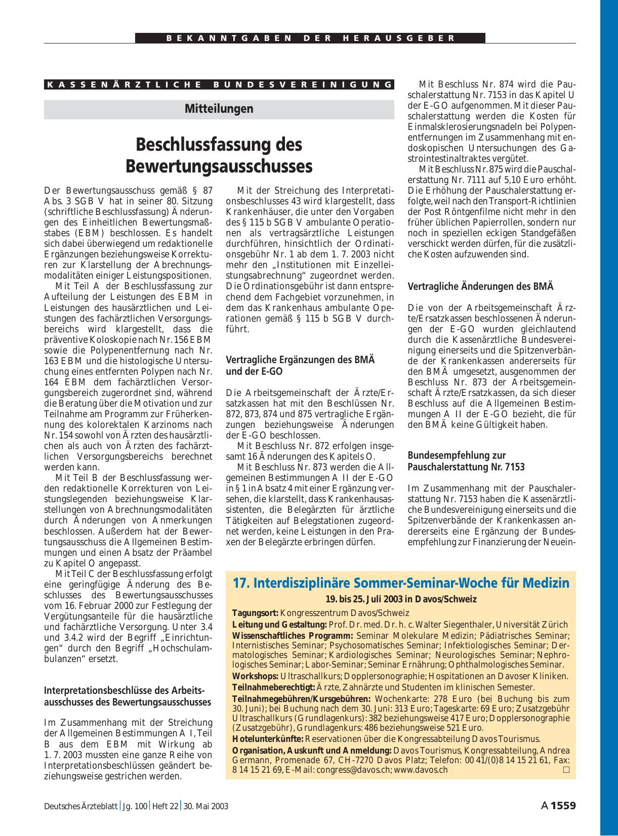 Vorschauseite 1: Mitteilungen: Beschlussfassung des Bewertungsausschusses