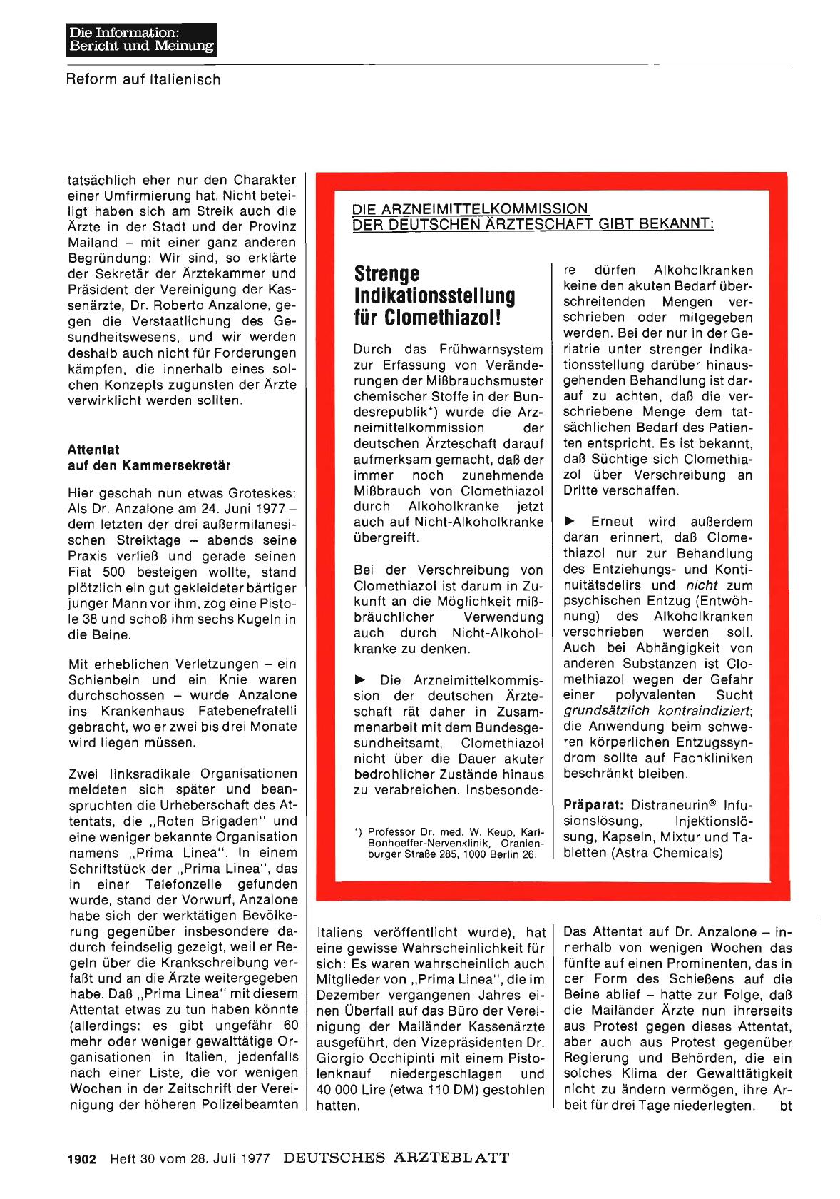 Vorschauseite 1: DIE ARZNEIMITTELKOMMISSION DER DEUTSCHEN ÄRZTESCHAFT GIBT BEKANNT: Strenge Indikationsstellung für Clomethiazol!