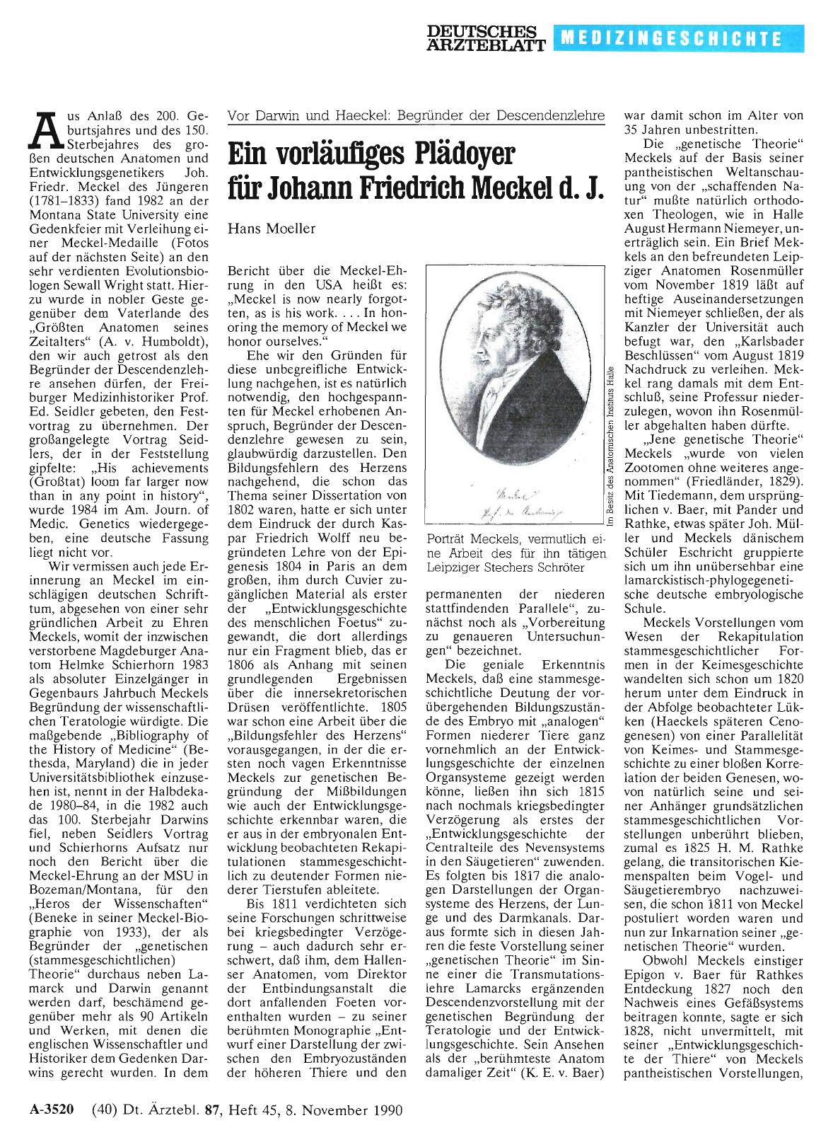 Vorschauseite 1: Vor Darwin und Haeckel: Begründer der Descendenzlehre - Ein vorläufiges Plädoyer für Johann Friedrich Meckel d. J.