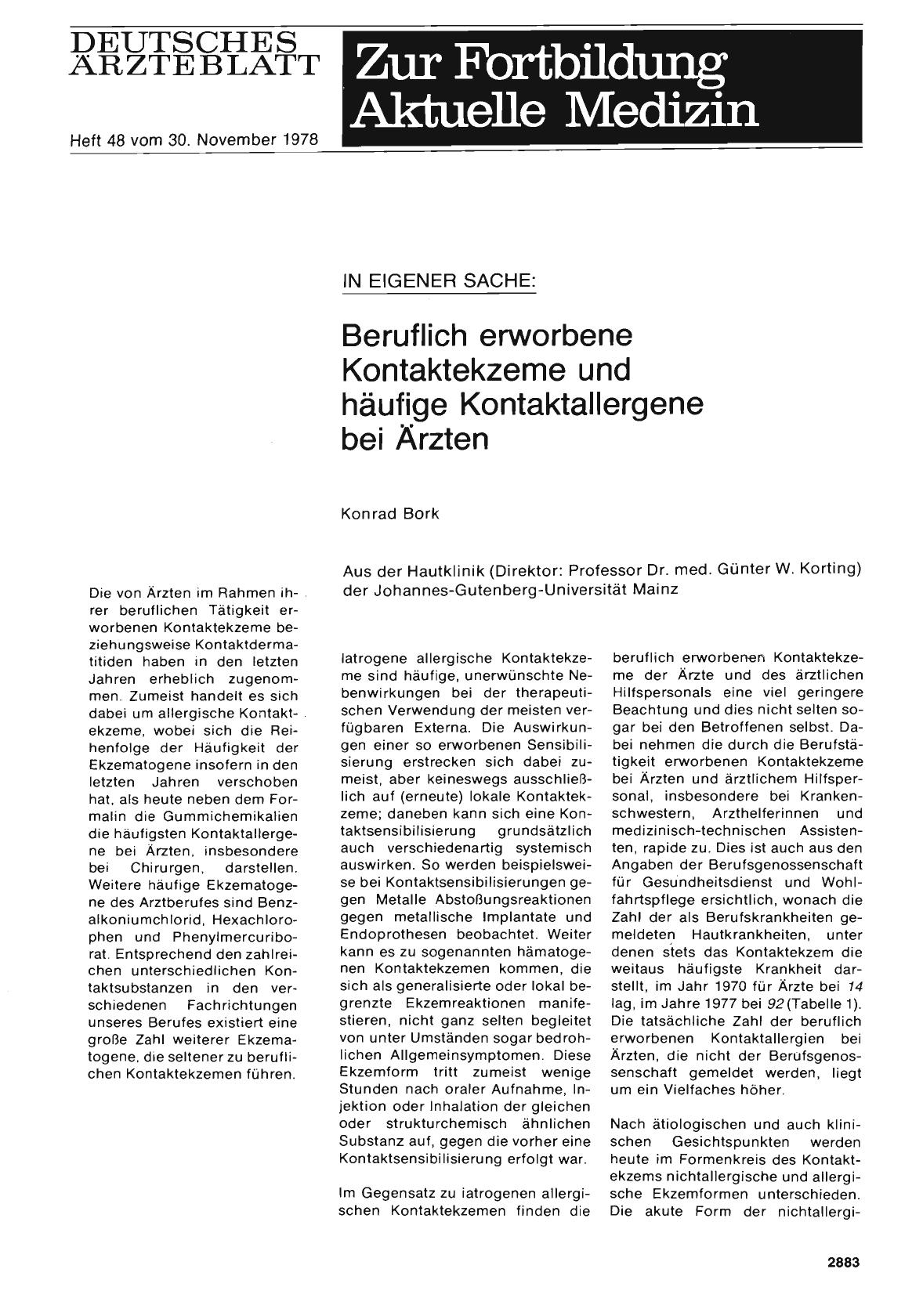 Vorschauseite 1: IN EIGENER SACHE: Beruflich erworbene Kontaktekzeme und häufige Kontaktallergene bei Ärzten