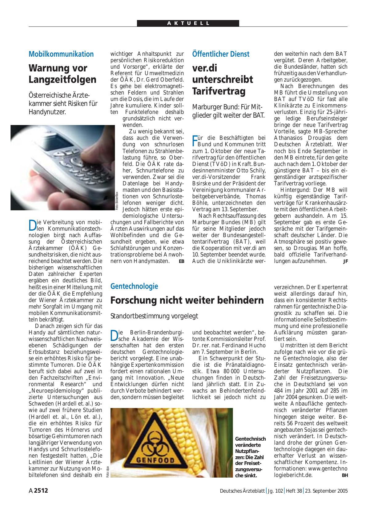 Vorschauseite 1: Mobilkommunikation: Warnung vor Langzeitfolgen