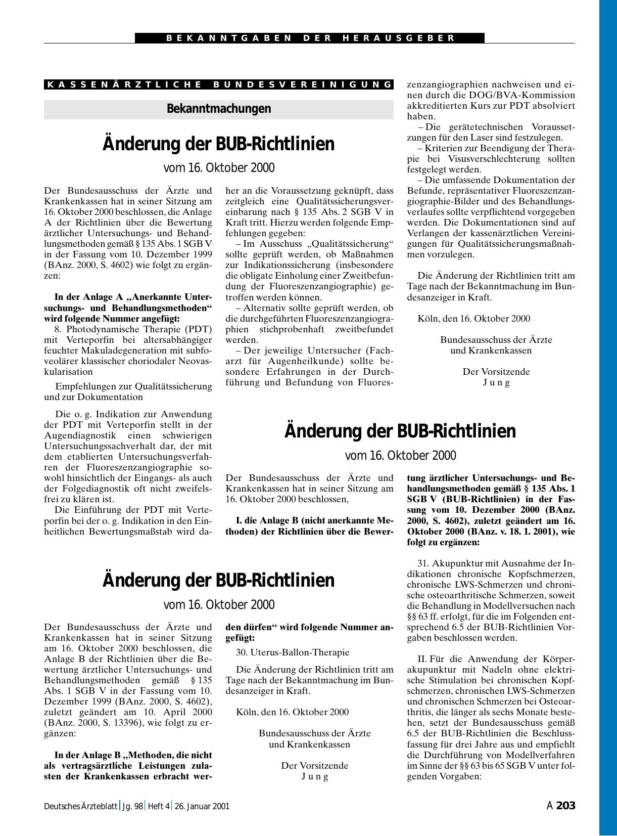 Vorschauseite 1: Änderung der BUB-Richtlinien: vom 16. Oktober 2000