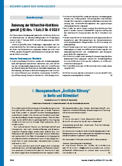 Vorschauseite 1: 1. Managementkurs „Ärztliche Führung“ in Berlin und Düsseldorf